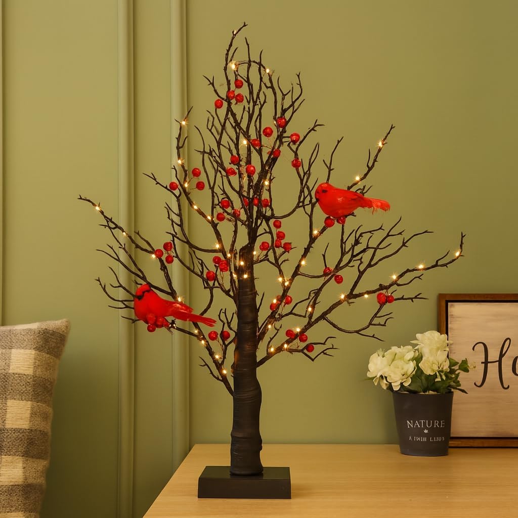 Vintage Glowing Cardinal Tree with Berries, Moving Cardinals Tree with LED Lights, Little Red Bird Trees Light, for Christmas, Halloween Tabletop Indoor Office Decorations