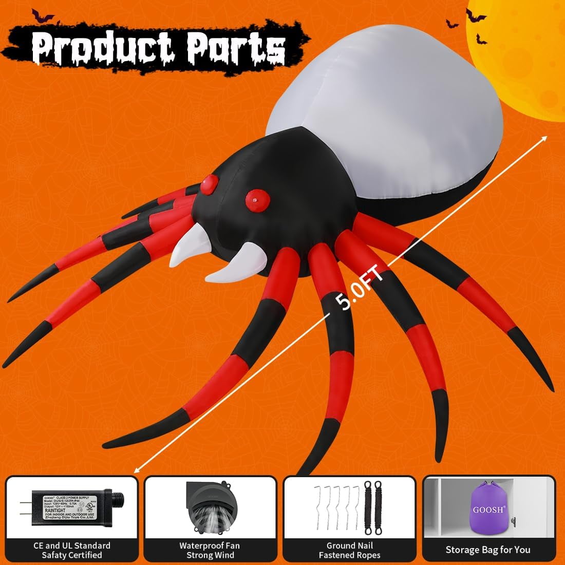 GOOSH Halloween Inflatable 5 FT Halloween Spider Inflatable, Halloween Blow Up Spider Halloween Spider Decoration with LED Lights Built-in, Outdoor Halloween Decorations Clearance for Halloween