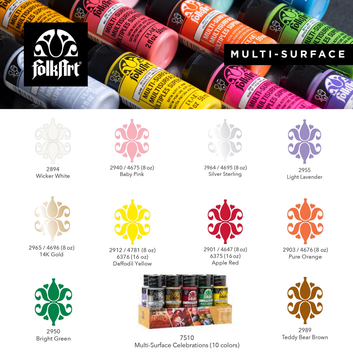 FolkArt Celebration Multi-Surface Acrylic Craft Paint Set, 10 Pieces, 20 fl oz