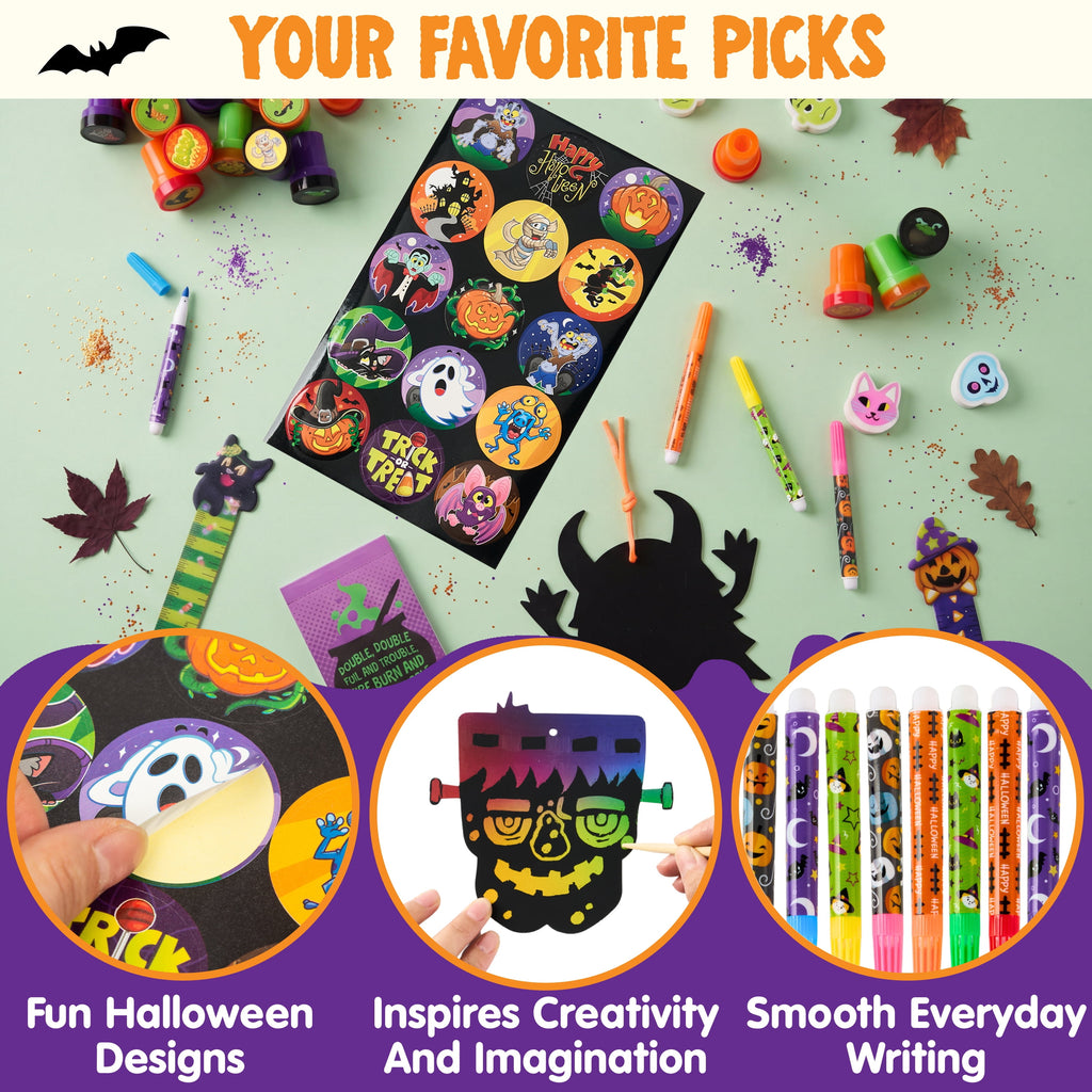 Joyfy 192 Pcs Halloween Stationery Set, Halloween Markers Rulers Stickers Erasers Stamps Notebooks Bags Party Favors,Halloween Trick or Treat Bags,Halloween Gifts for Kids,Classroom Favors