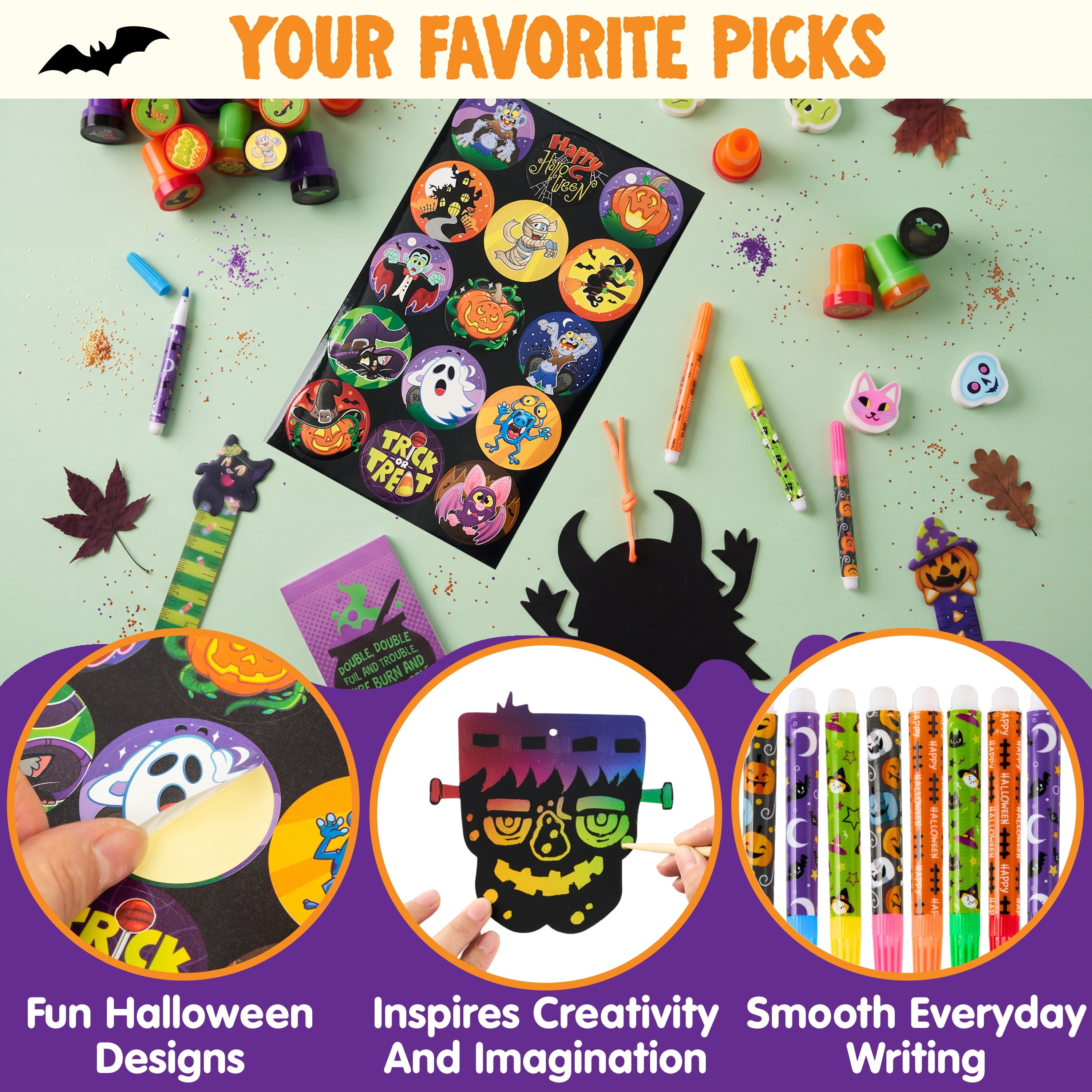 Joyfy 192 Pcs Halloween Stationery Set, Halloween Markers Rulers Stickers Erasers Stamps Notebooks Bags Party Favors,Halloween Trick or Treat Bags,Halloween Gifts for Kids,Classroom Favors