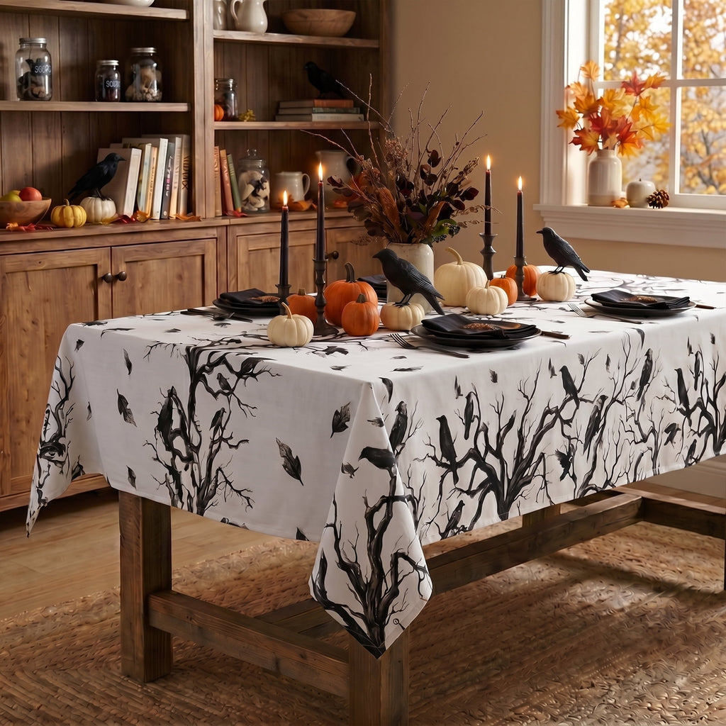 Sm:)e Crow Haunted Tree Halloween Tablecloth 60x84 Inch, Machine Washable Table Cover for Dinner/Party Decoration/Holiday