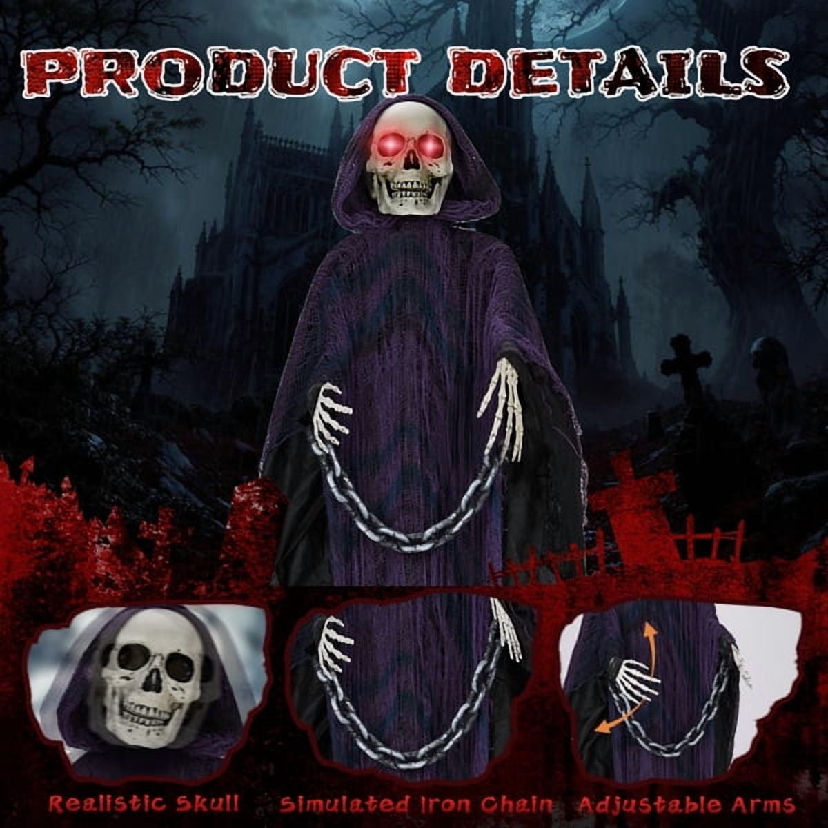 Alvantor Halloween Animated Decorations - 6 FT Sound-Activated Animatronic Grim Reaper with Chain, Moving Head and Hands, Red LED Eyes