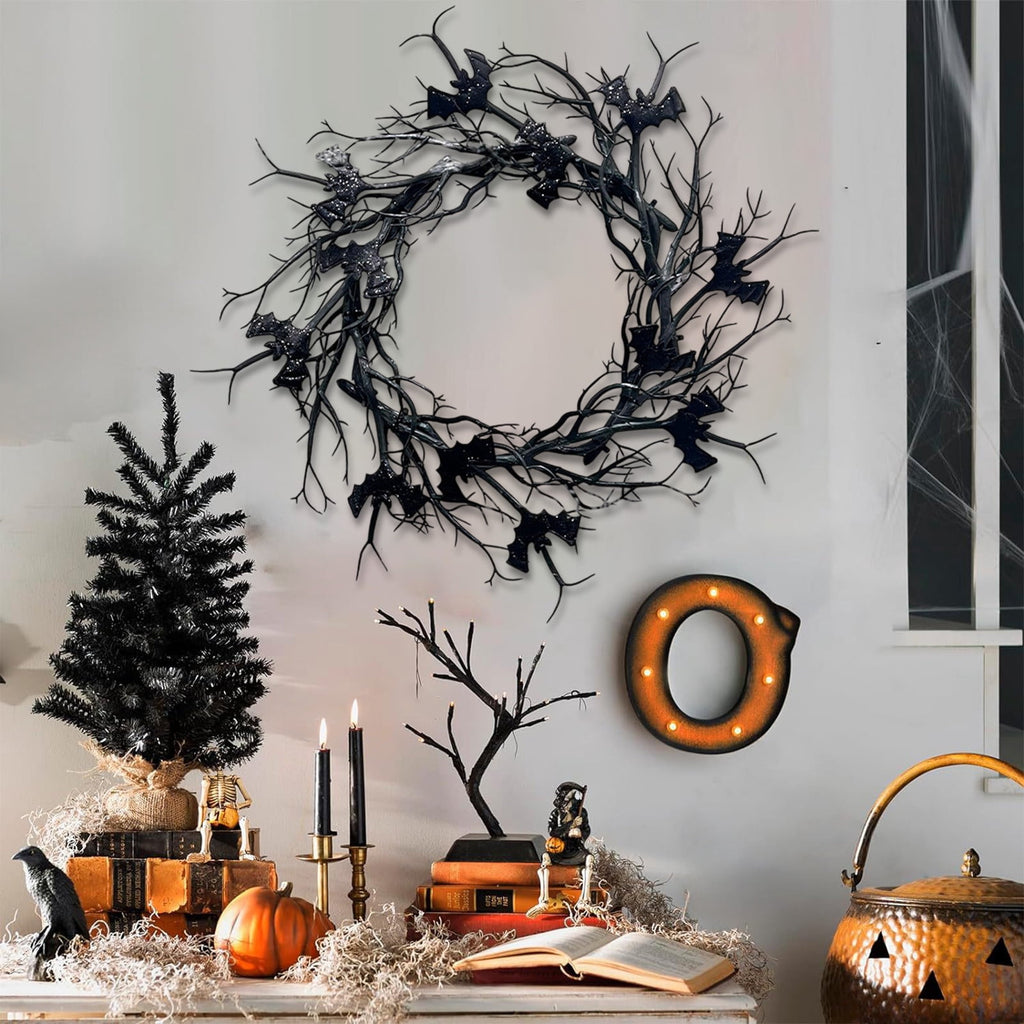 WWC Halloween Wreath, 18 inch Black Bats and Bare Branch Wreath, Gothic Halloween Decor Twig Wreath for Halloween Party Front Door Porch and Fireplace