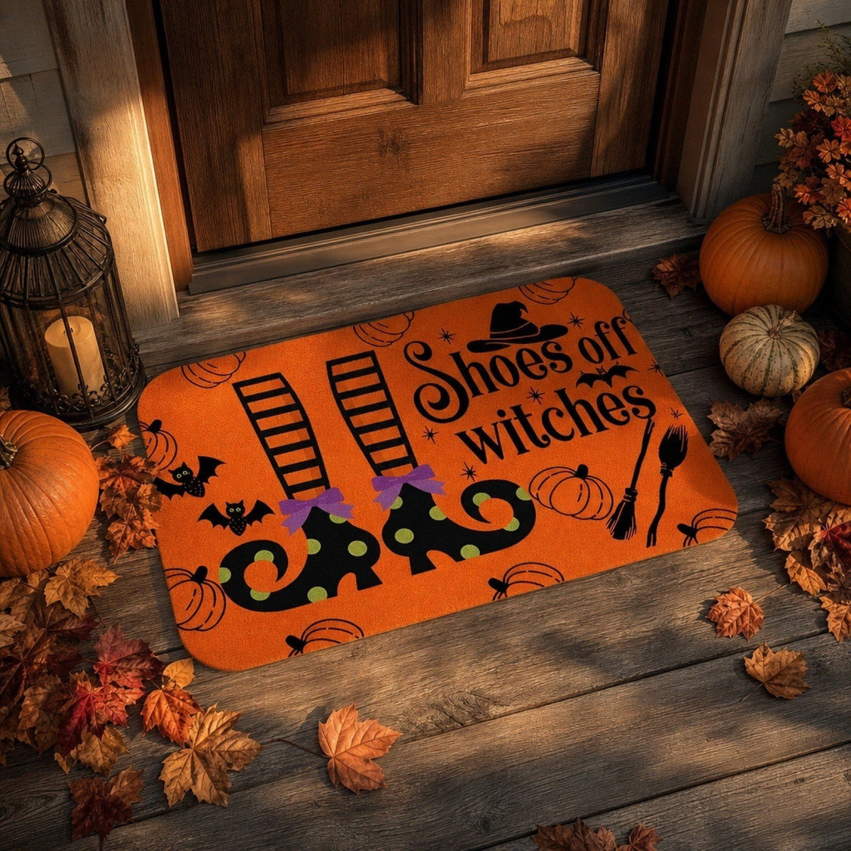 Halloween Heart Print Doormat 60x40cm, Black Orange Spooky Entry Mat for Front Door, Non-Slip Indoor Outdoor Rug