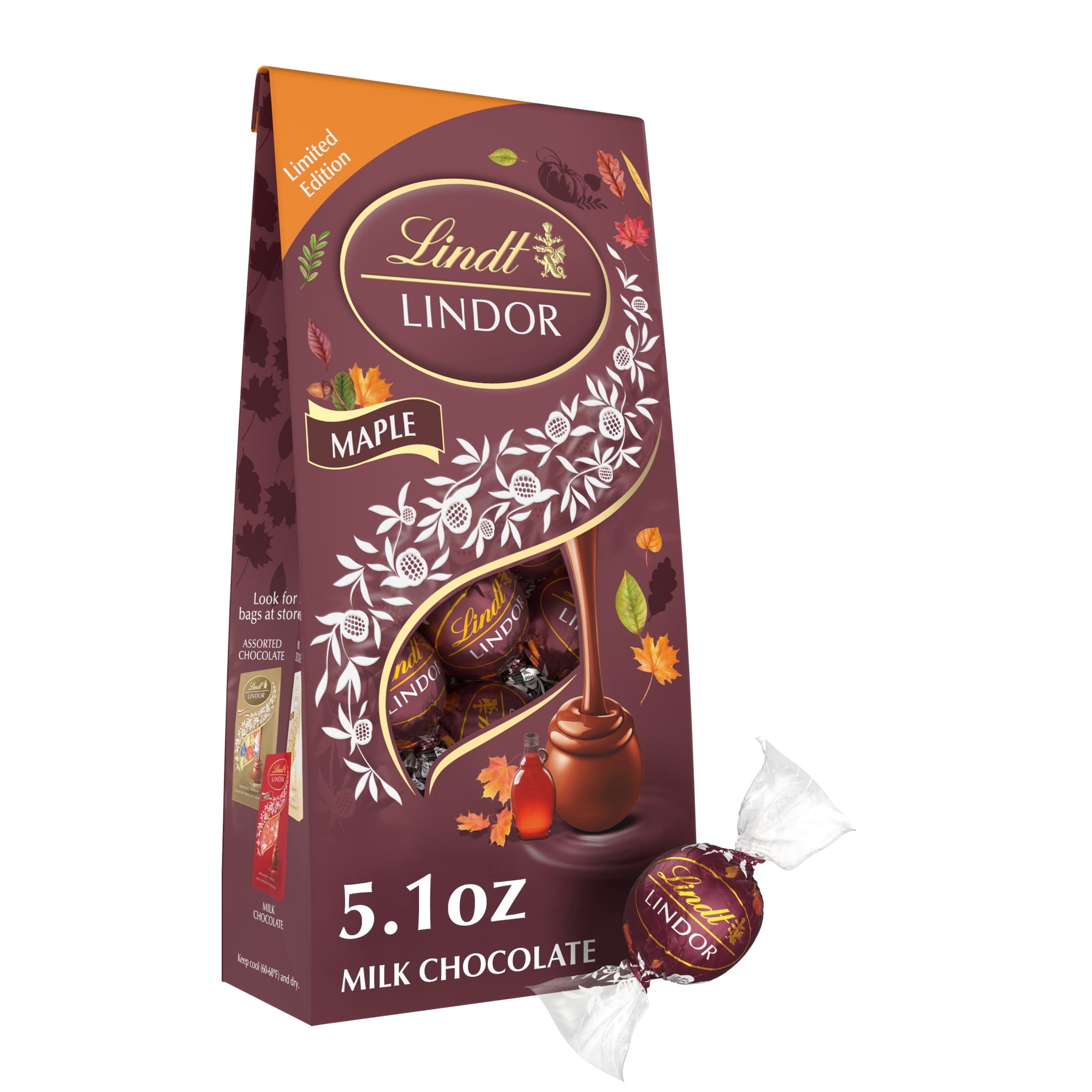 Lindt Lindor Maple Milk Chocolate Candy Truffles, 5.1 oz. Bag