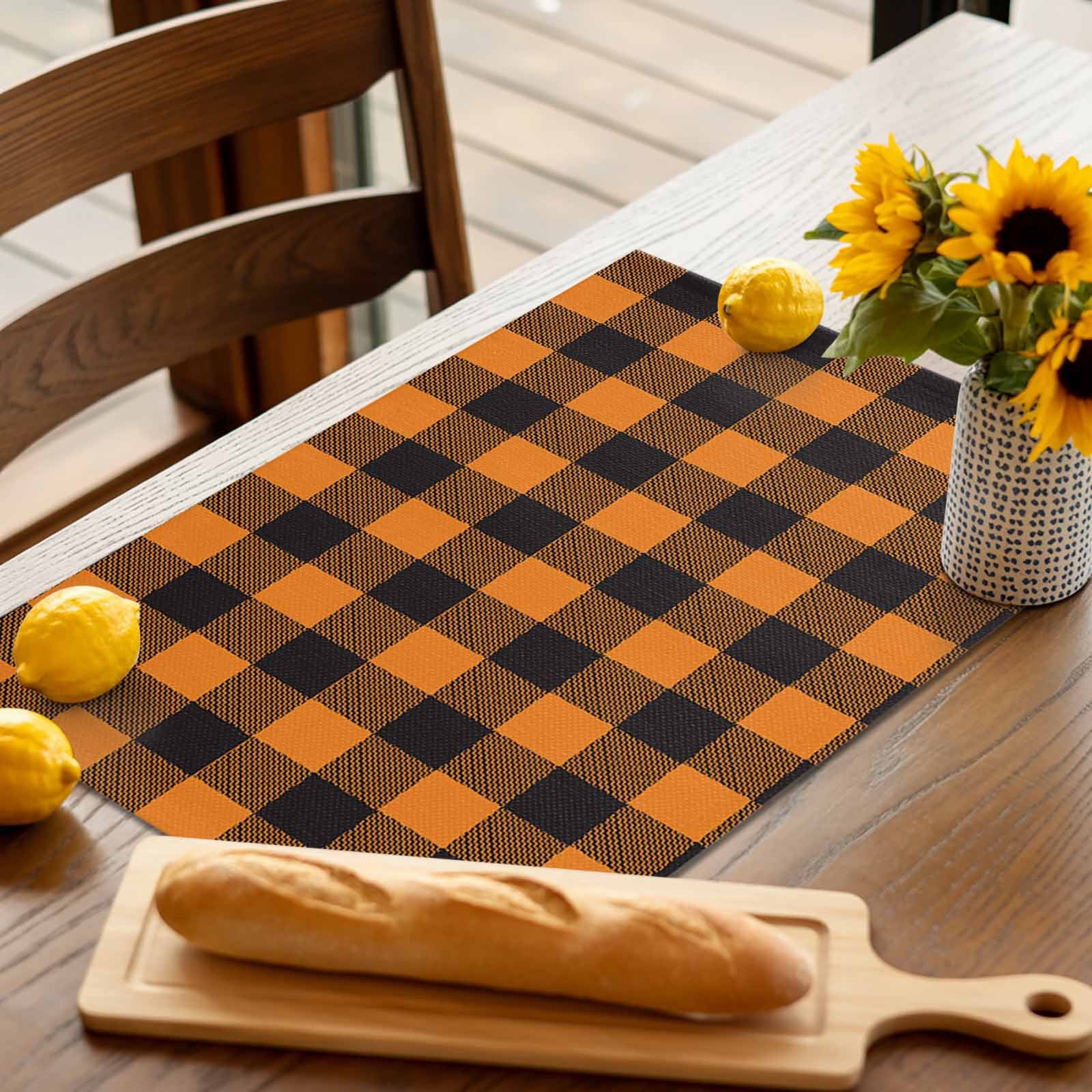 Halloween Placemats Set of 4 Orange and Black Check Plaid Place Mats Fall Placemat Checkered Table Mats for Dining Kitchen Table Holiday Dinner Party Home Decorations 13x19 Inch