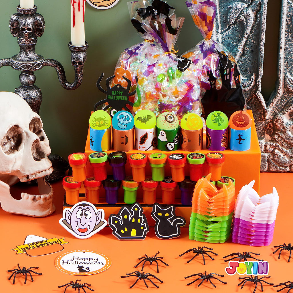 Joyfy 168 Pcs Halloween Stationery Party Favors,Halloween Gifts for Kids,Halloween Goodies Including Halloween Vampire Teeth,Spiders,Stamps,Stickers,Slap Bracelets