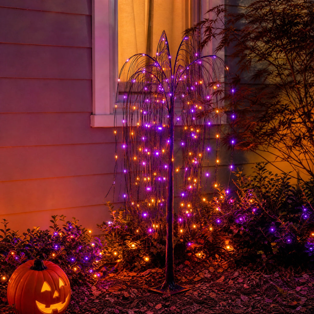 Indoor/Outdoor Battery-Operated 8-Function LED Color-Changing Willow Tree, Orange and Purple, 48", Halloween by Way To Celebrate