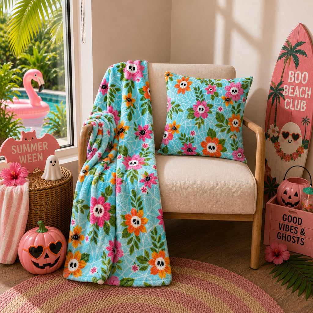 Summerween 18"x18" Plush Decorative Pillow, Vacation Ghosts