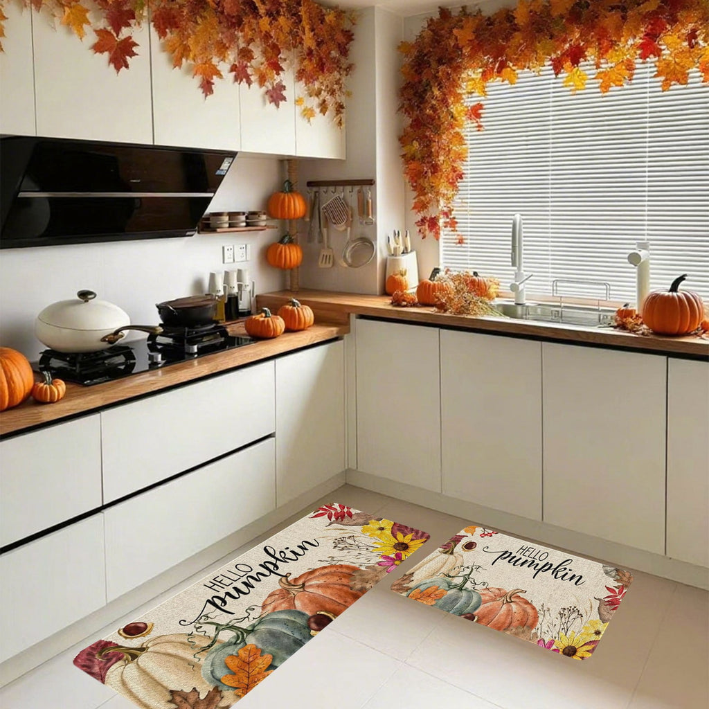 HOARBOEG Kitchen Floor Mat, Halloween Thanksgiving Fall Floor Mats 2-Piece Set - Non-Slip Pumpkin Maple Leaf Decor Rug for Bathroom Kitchen Porch Entrance, Holiday Home Decor