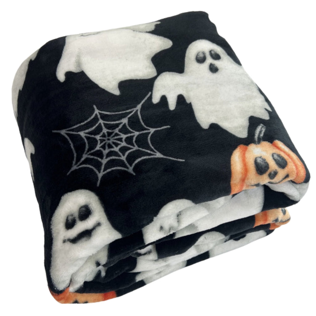 Serafina Home Halloween Throw Blanket: Fuzzy Boo! Jack O'Lantern Spider Webs Skull and Black Cats Print on Velvet Fleece for Sofa Bed Couch Chair Dorm