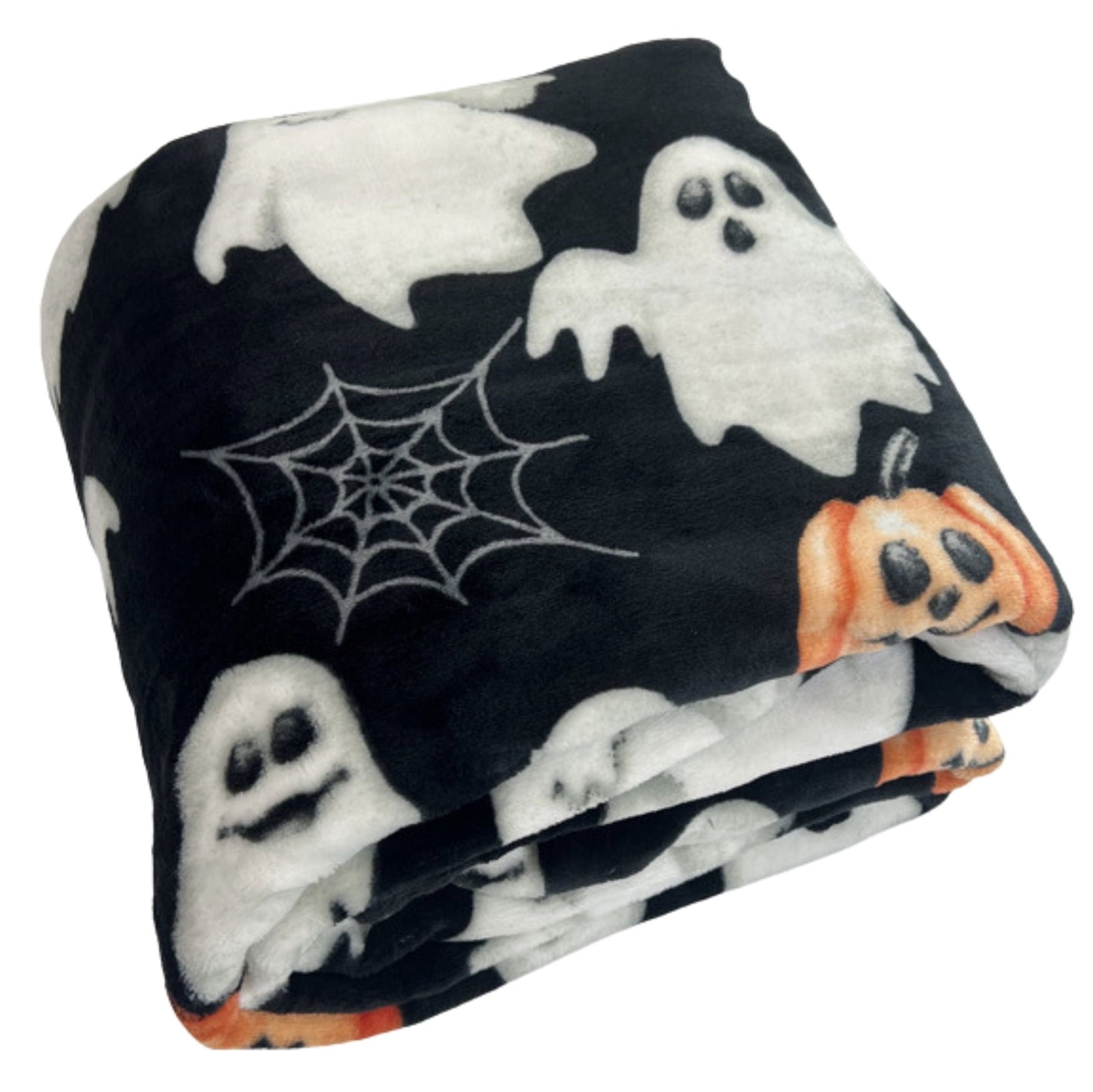 Serafina Home Halloween Throw Blanket: Fuzzy Boo! Jack O'Lantern Spider Webs Skull and Black Cats Print on Velvet Fleece for Sofa Bed Couch Chair Dorm