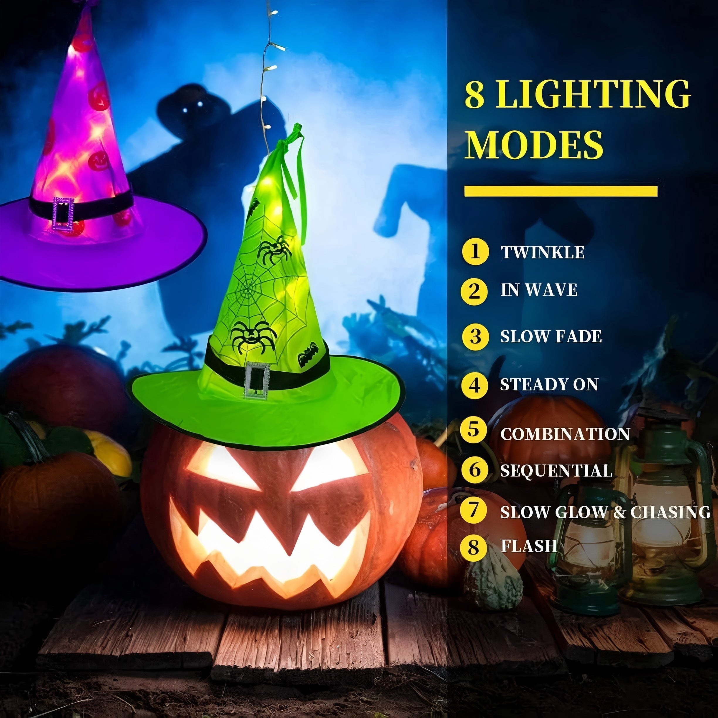 PMMIPNW Halloween Decorations Lighted Witch Hats Waterproof 5 PCS, Glowing Witch String Lights 12FT, Remote Control with 8 Modes for Outdoor Garden Halloween Party Decoration