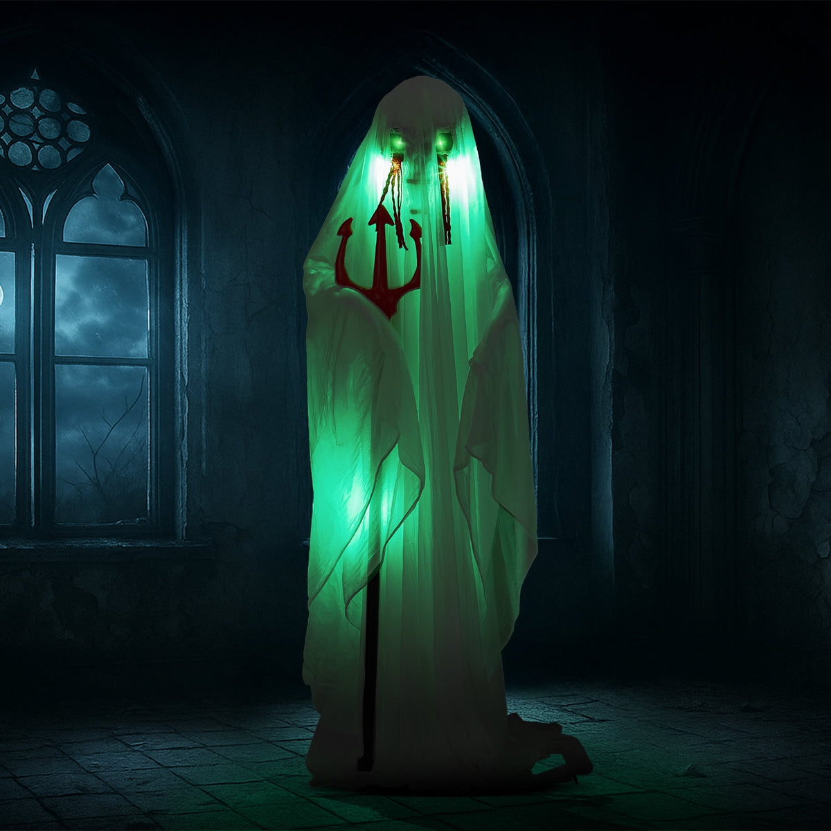 UBesGoo 4.5' Hanging Ghost Animated Halloween Decoration Creepy Halloween Skeleton, Halloween Skeleton with sound and lights