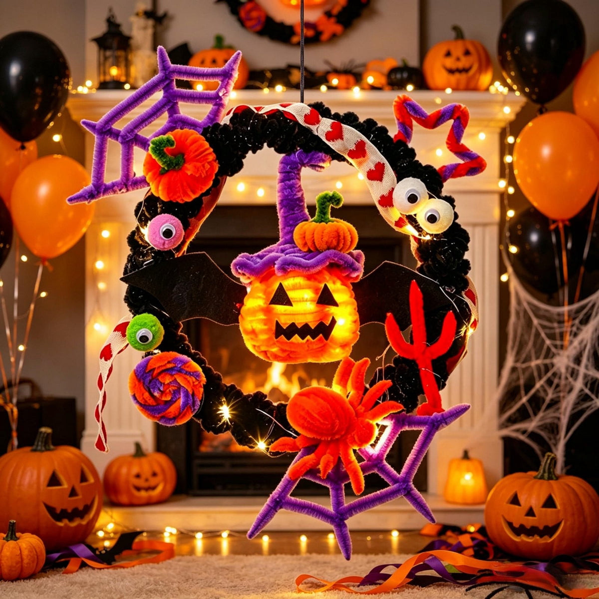 WWC Halloween Wreath, Orange LED Pumpkin and Bats Wreath, Gothic Halloween Decorations Wreath for Front Door, Indoor Outdoor Party Decor