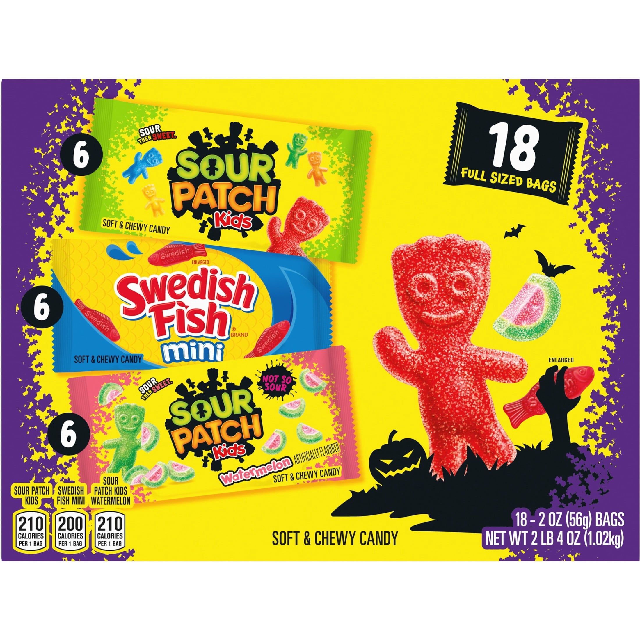 SOUR PATCH KIDS and SWEDISH FISH Mini Soft & Chewy Halloween Candy Variety Pack, 18 Snack Packs