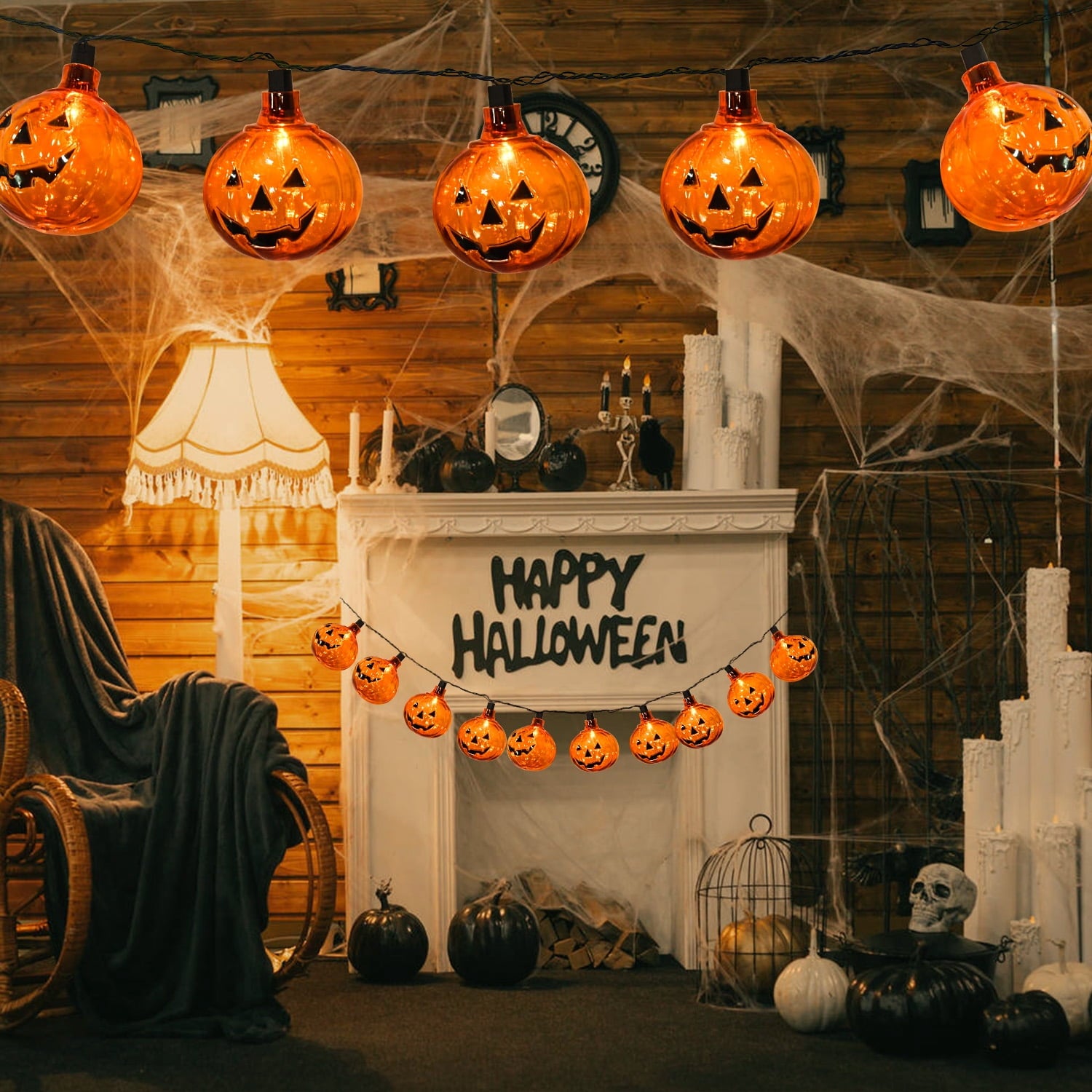 Halloween Pumpkin String Lights, 8.5Ft Outdoor Halloween Decorations Lights with 10 Jack-O-Lantern Lights, Hanging Pumpkin String Lights Party Patio Garden Window Decor