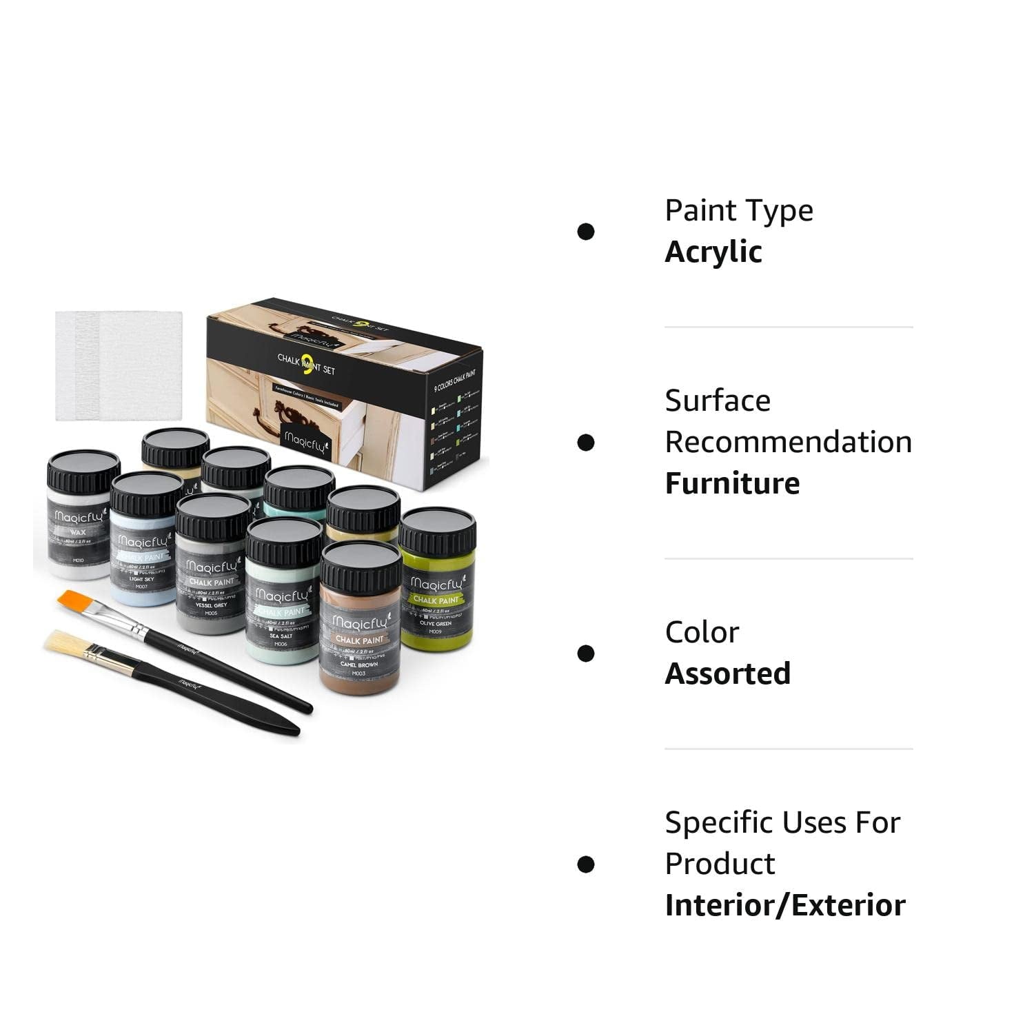 Magicfly 15 Pcs Chalk Acrylic Craft Paint Set, 60ml/2 oz 9 Colors Ultra Matte Finish Acrylic Craft Paint Set for Home Decor,8 fl oz