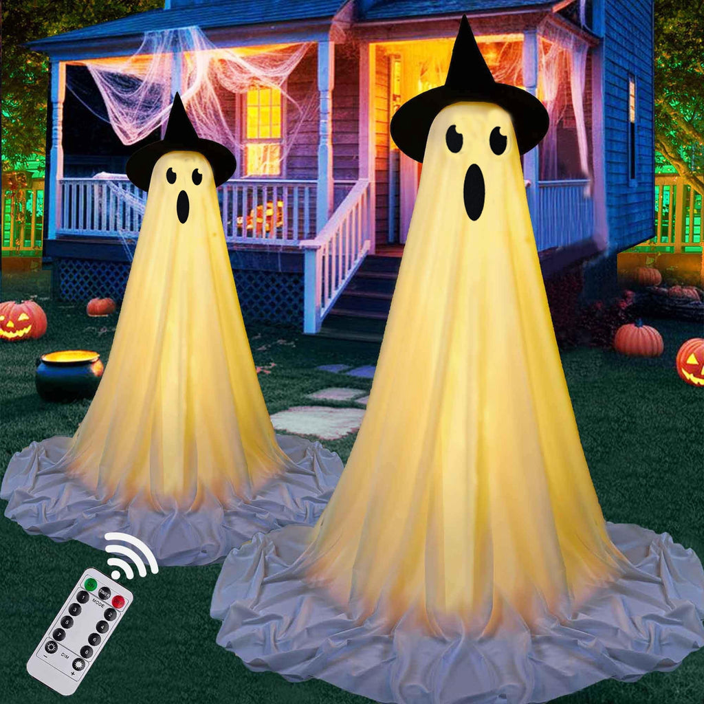 2Pcs Halloween Decorations Outdoor Ghost, DIY Ghost Kit Decor with Witch Hat Remote Control String Lights Halloween Decorations Indoor Halloween Ghost Lights for Porches Yards Gardens Lawn