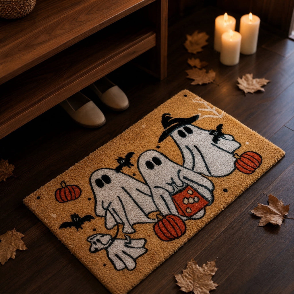 Lypsnake Patchwork Ghost Shaped Doormat,Vintage Stitched Fluffy Fabric Ghost Mat, Halloween Floor Carpet for Front Door Entrance Shower Room Fireplace Farmhouse Layout