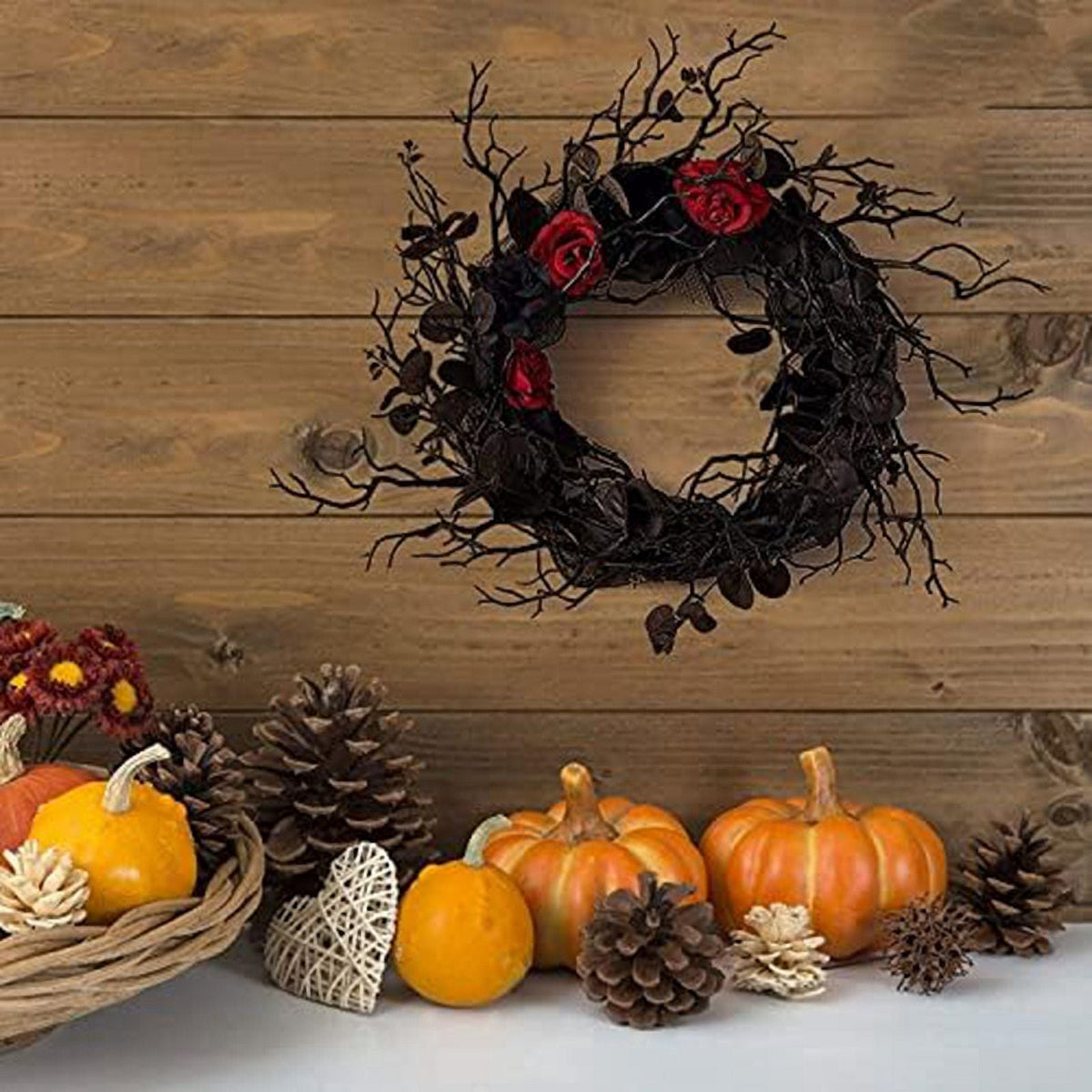 Black Halloween Door-Wreath with Red Rose Wreath for Front Door Black Wreath for Gothic Halloween Home Decor