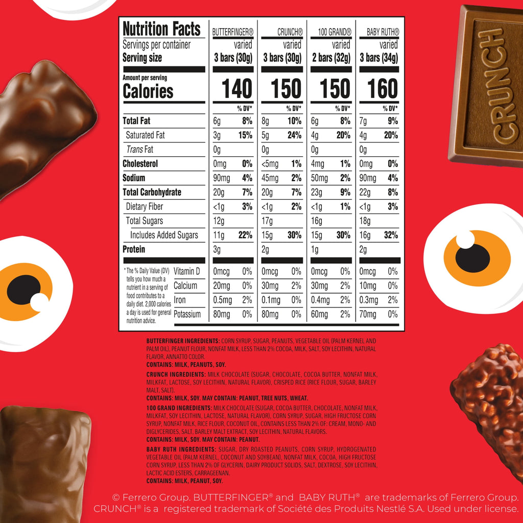 Butterfinger, CRUNCH, Baby Ruth & 100 Grand Halloween Candy Bulk, 100 count