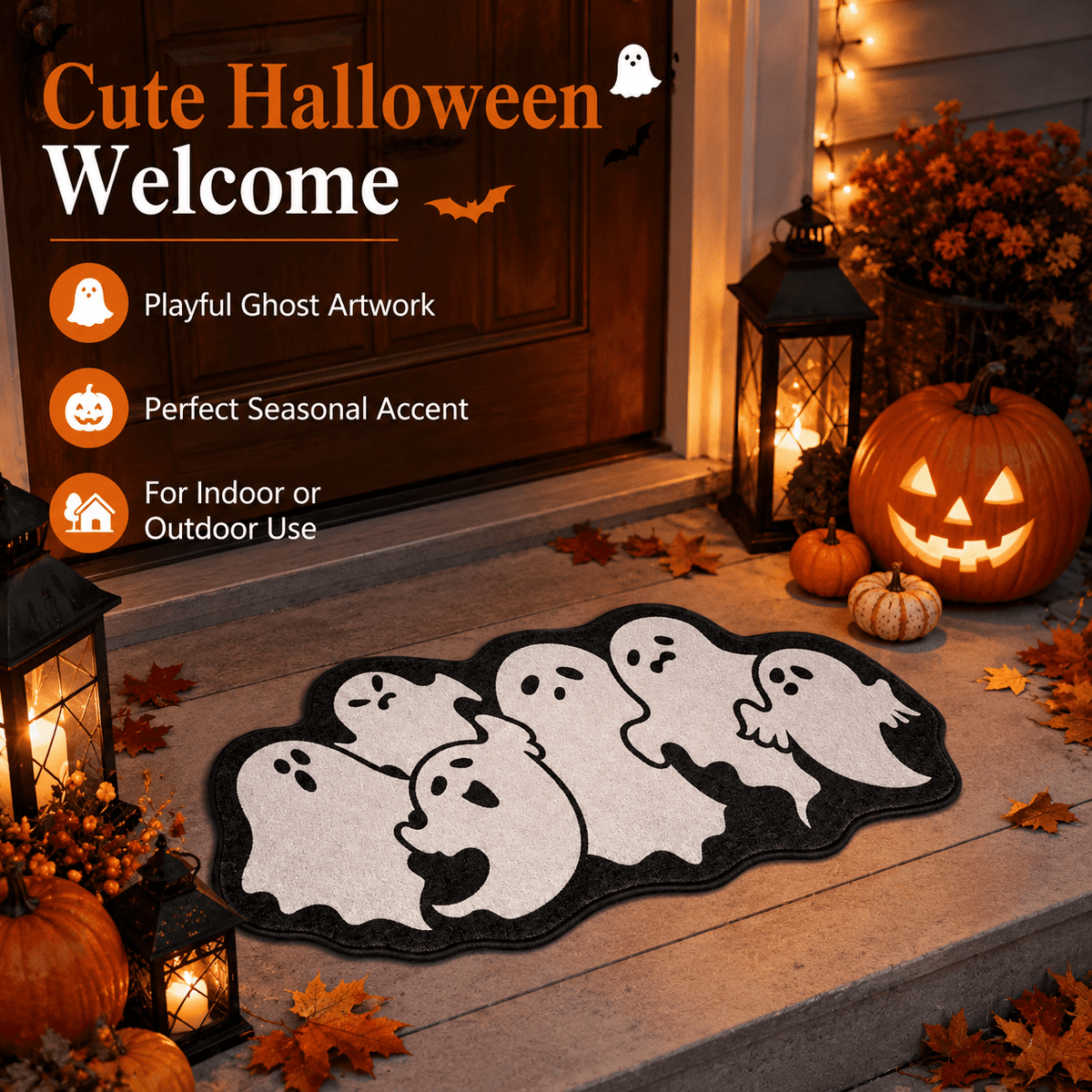 Halloween Ghost Cluster Shaped Welcome Doormat, Cute Ghost Floormat Non Slip Rubber Backing for Halloween Front Porch Entryway Room Decor,40x60cm