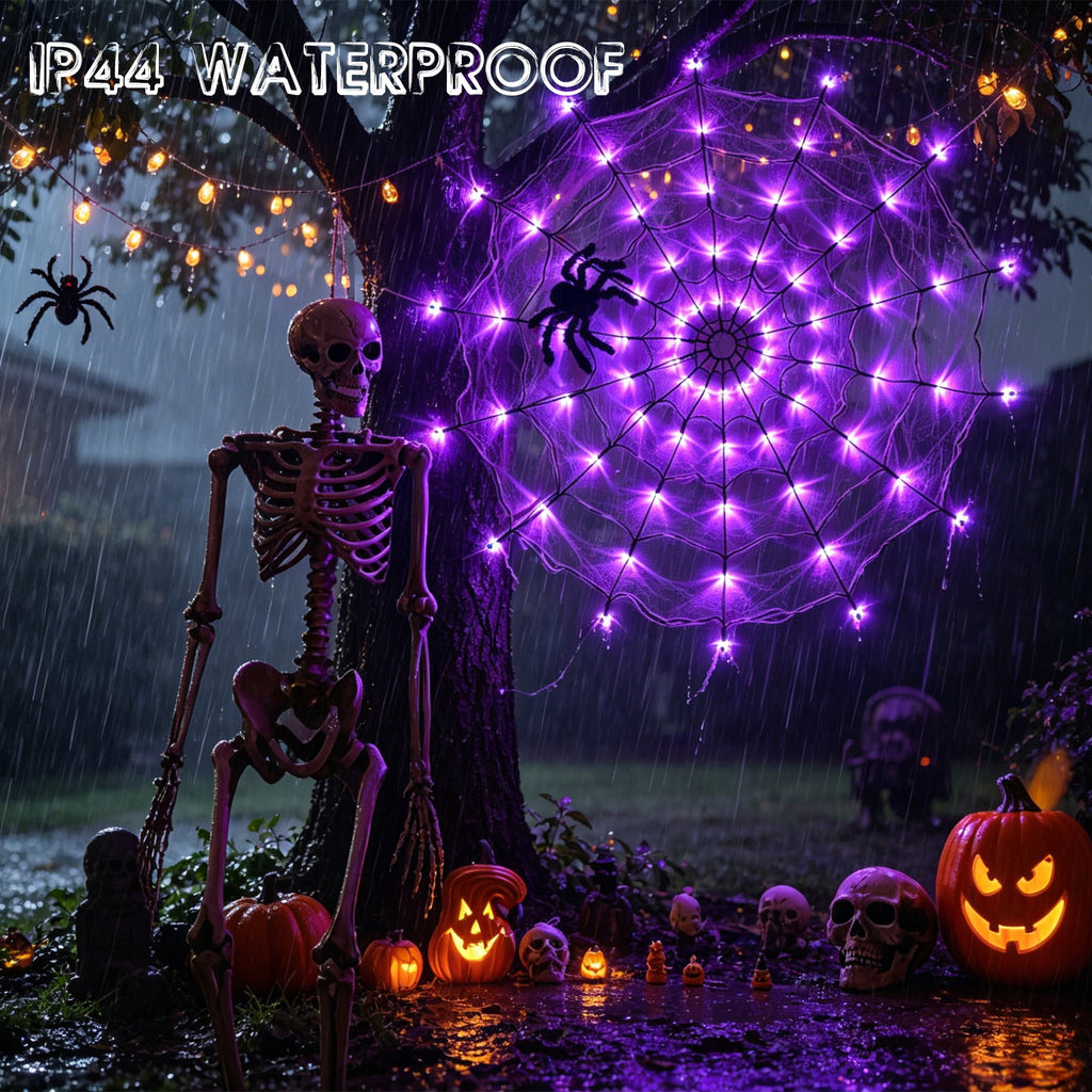 DAYBETTER Halloween Spider Web Lights, 4FT Purple LEDs with Hairy Black Spider, Remote Control, Waterproof for Indoor, Outdoor, Halloween Decor