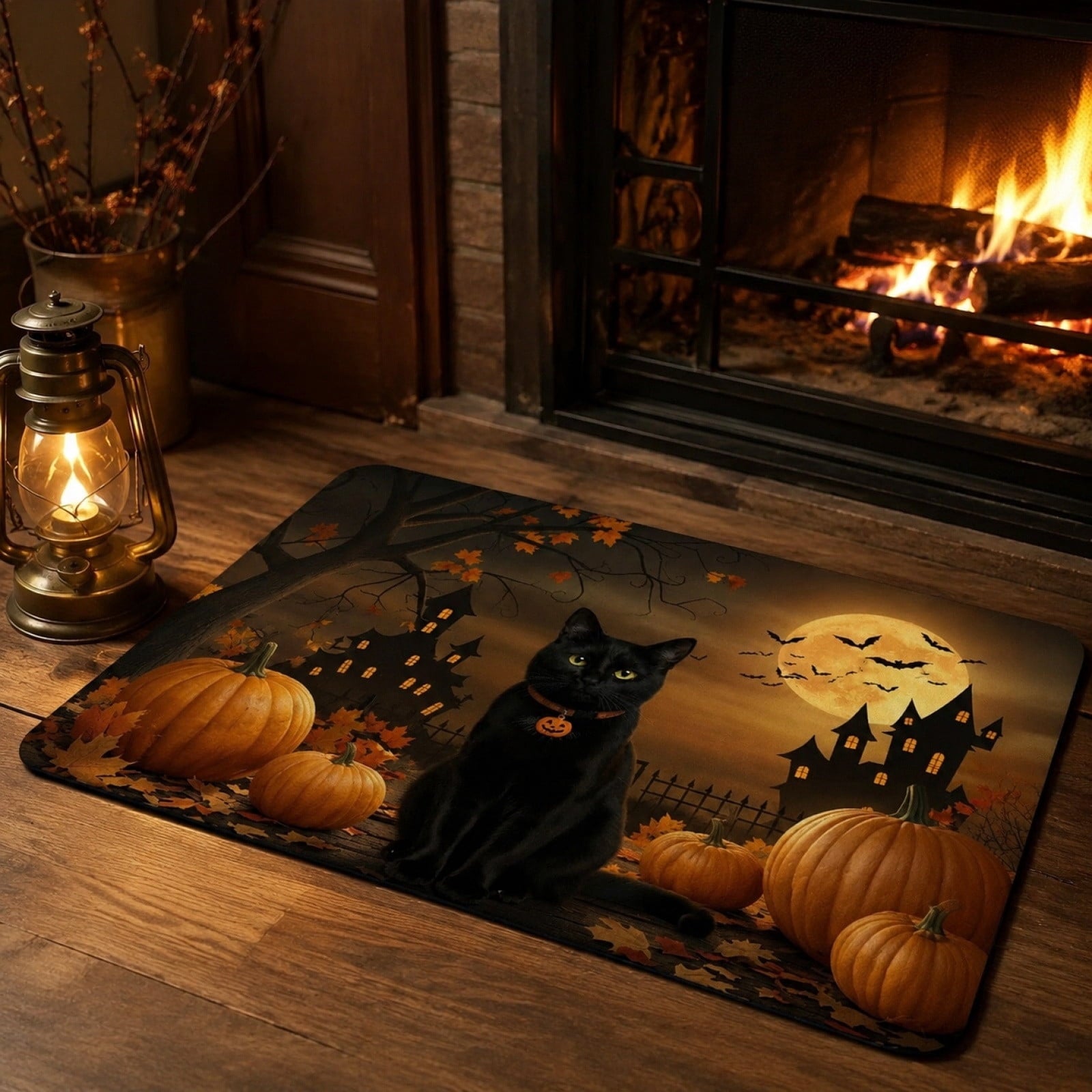 Halloween Black Cat Doormat, 23.6x15.7 Inch Spooky Pumpkin Floor Rug, Non-Slip Seasonal Entryway Mat for Front Door Porch & Indoor Decor