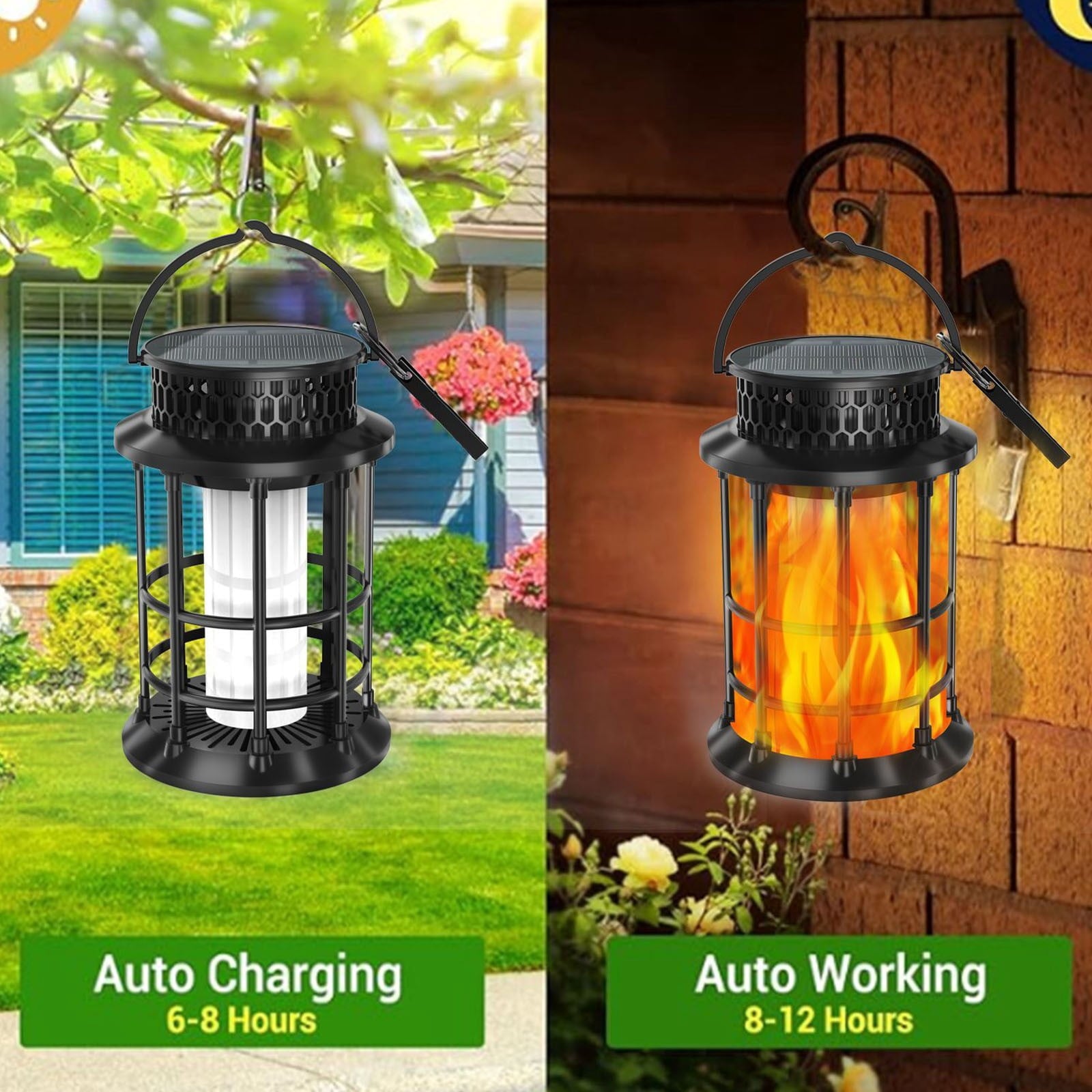 BinKFF Solar Lanterns Outdoor Lights, Upgraded Flickering Flames Hanging Solar Lights for Outside, Solar Powered Lantern Waterproof, Lanterns Decorative for Yard Patio Garden Decor