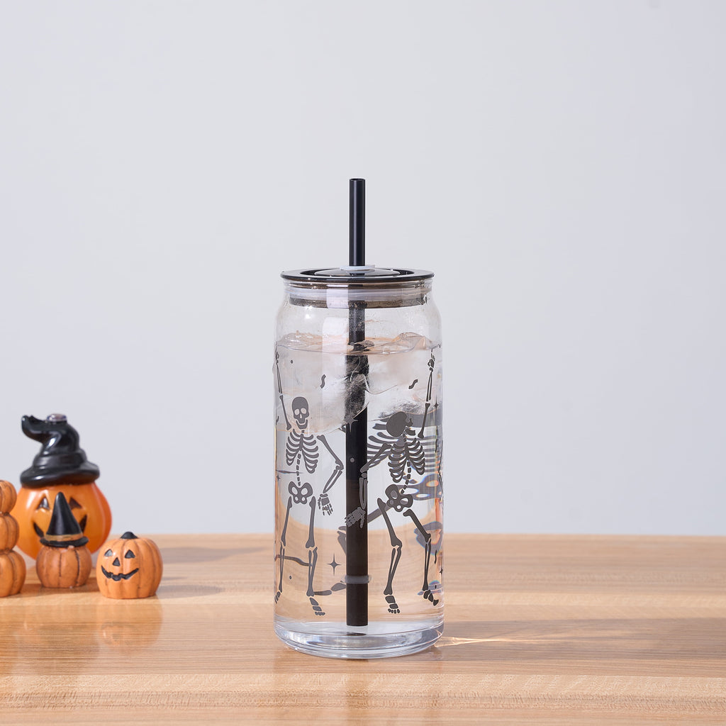 Way to Celebrate Halloween Dancing Skeleton Glass Can Sipper Tumbler, 20 oz