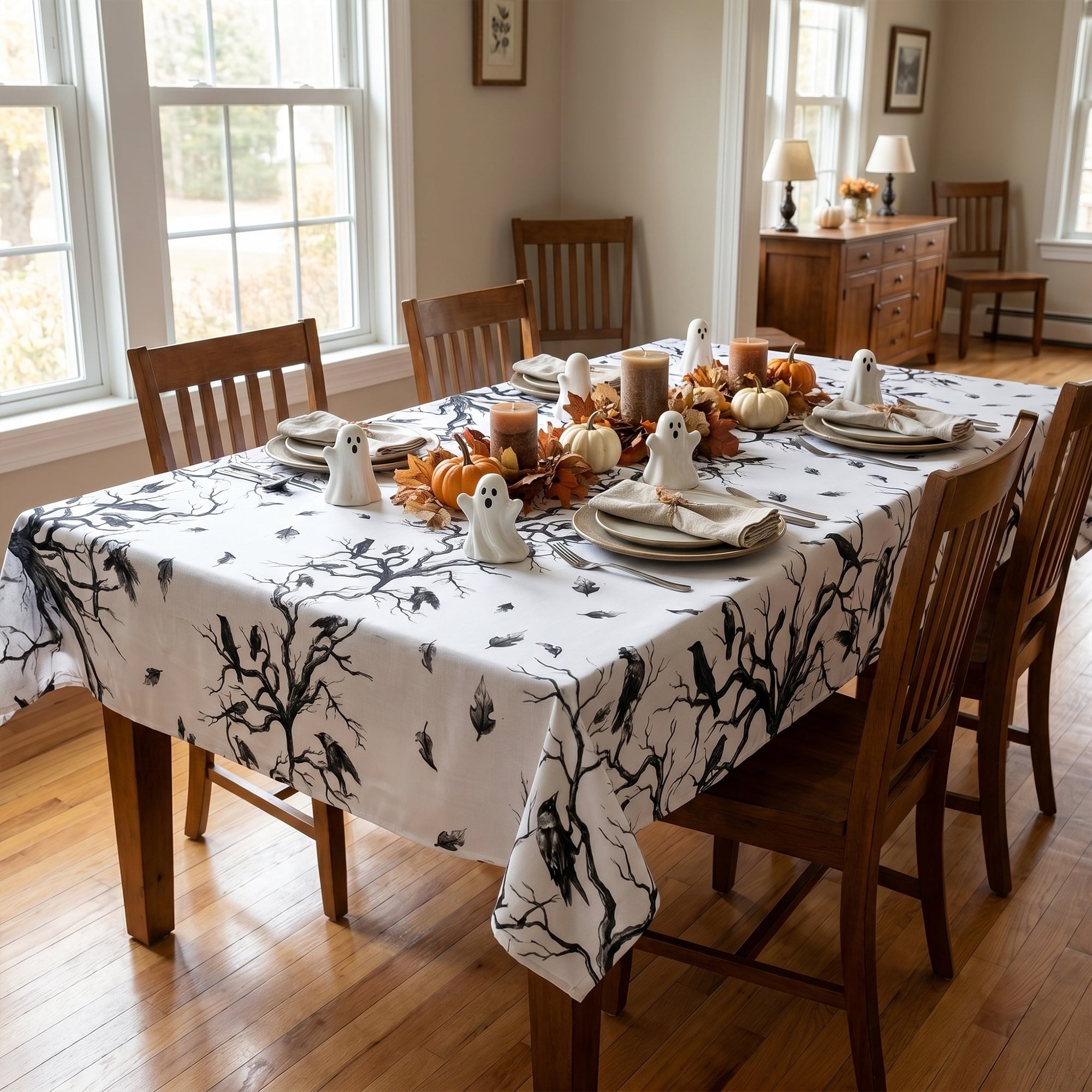 Sm:)e Crow Haunted Tree Halloween Tablecloth 60x84 Inch, Machine Washable Table Cover for Dinner/Party Decoration/Holiday