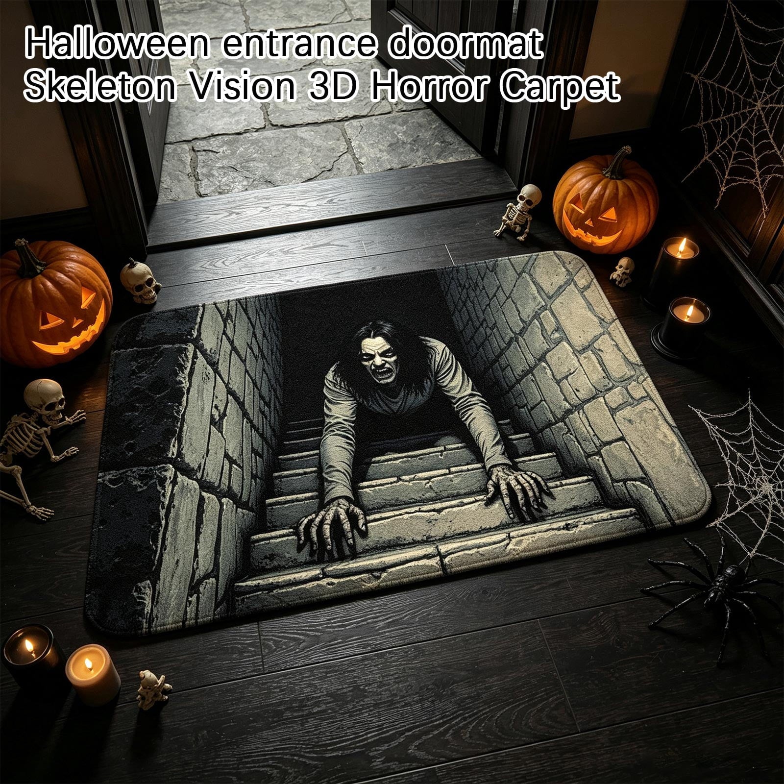 Halloween Decorations-Halloween 3D Scary skeleton Doormat,Creepy Monster Visual Illusion Entryway Rug,Non Slip Rubber Back Rug for Porch Hallway Indoor Outdoor Rug Home Decor