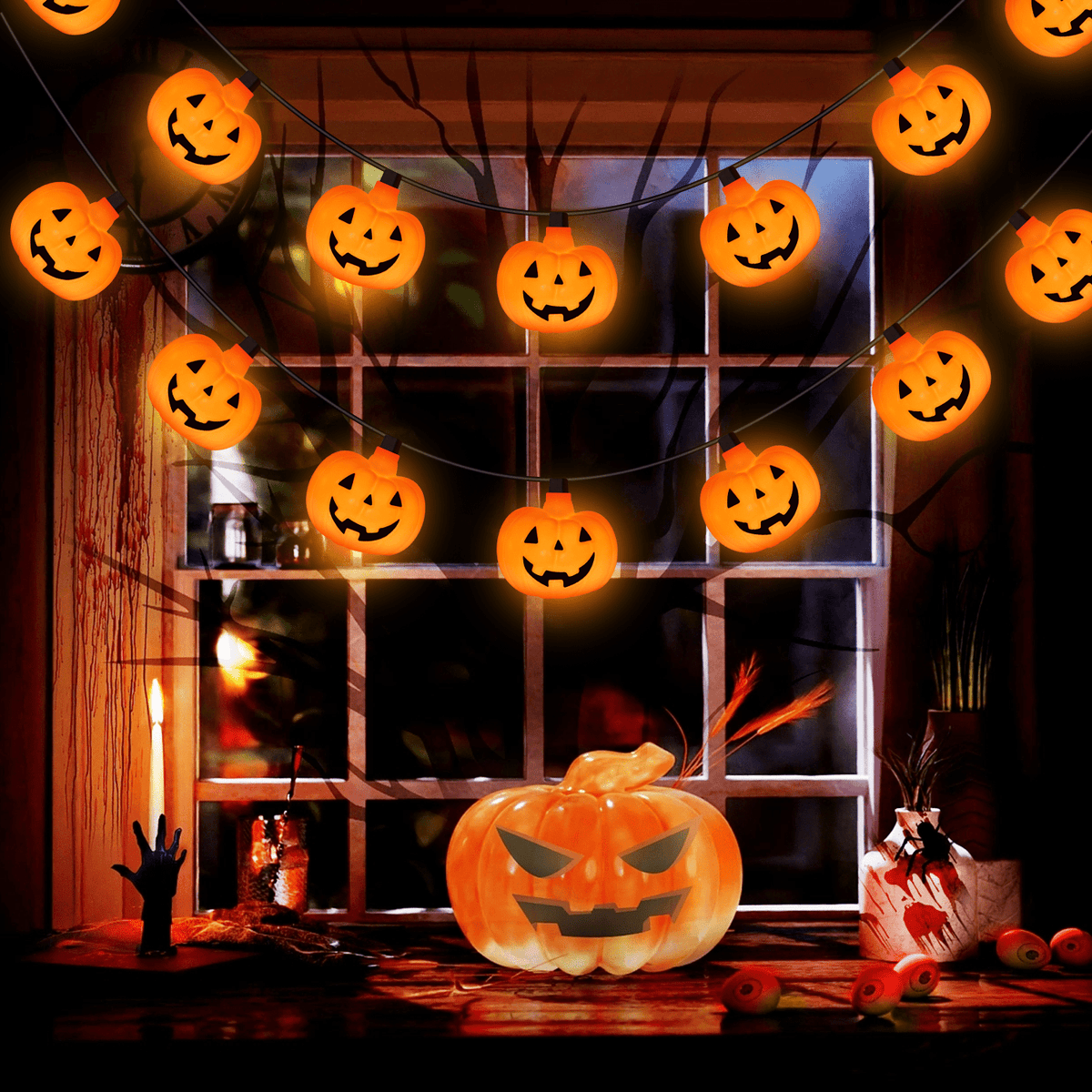 Halloween Pumpkin String Lights, 8.5Ft Outdoor Halloween Decorations Lights with 10 Jack-O-Lantern Lights, Hanging Pumpkin String Lights Party Patio Garden Window Decor