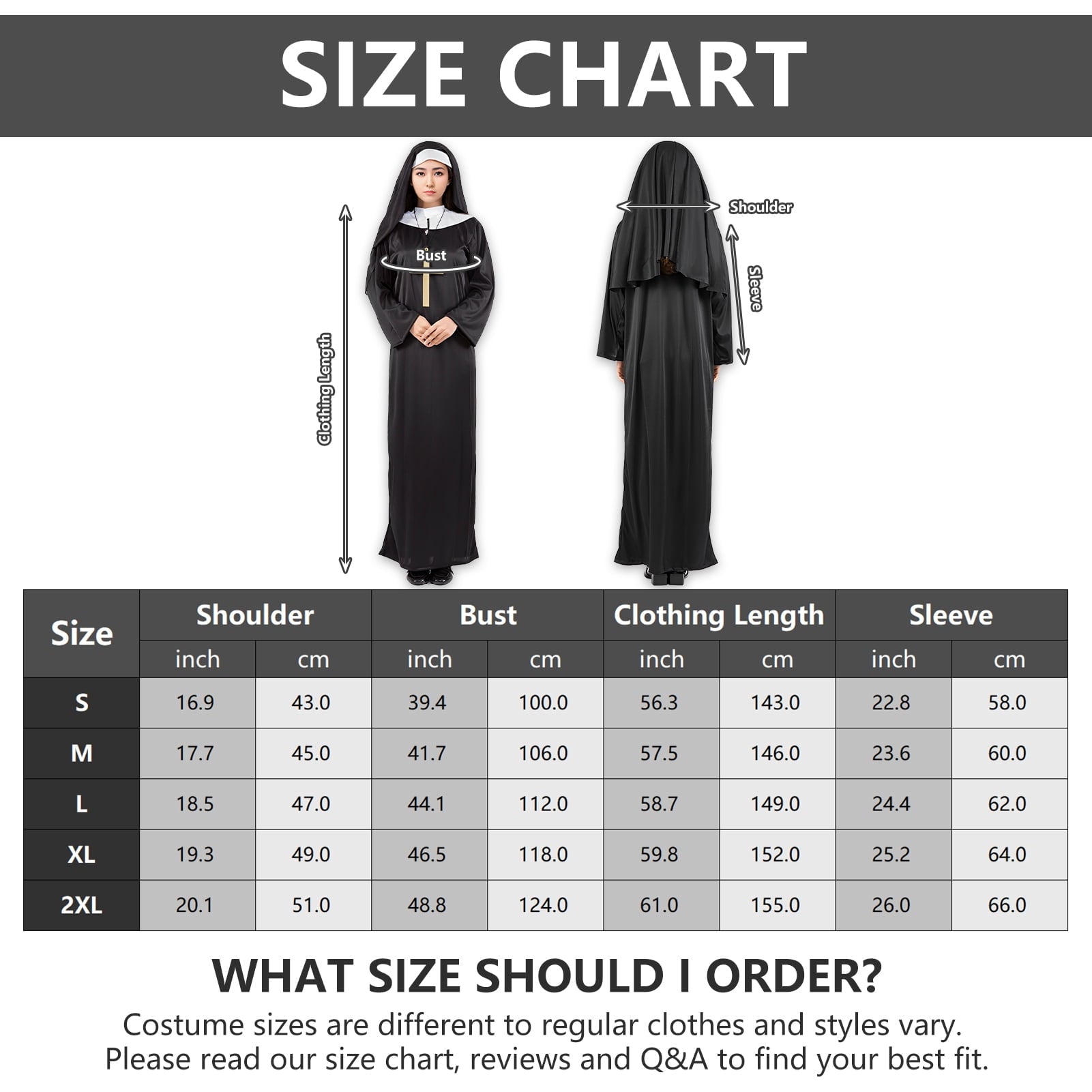 Alaiyaky Nun Costume for Women, Nun Outfit Women, Halloween Costume with Hood and Necklace for Halloween, Carnival, Cosplay