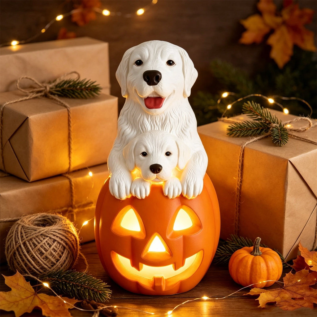 Clearance Halloween Schnauzer Bat Figurine with Ghost Bucket, 8 inch Resin Cute Dog Gifts Tabletop Decor