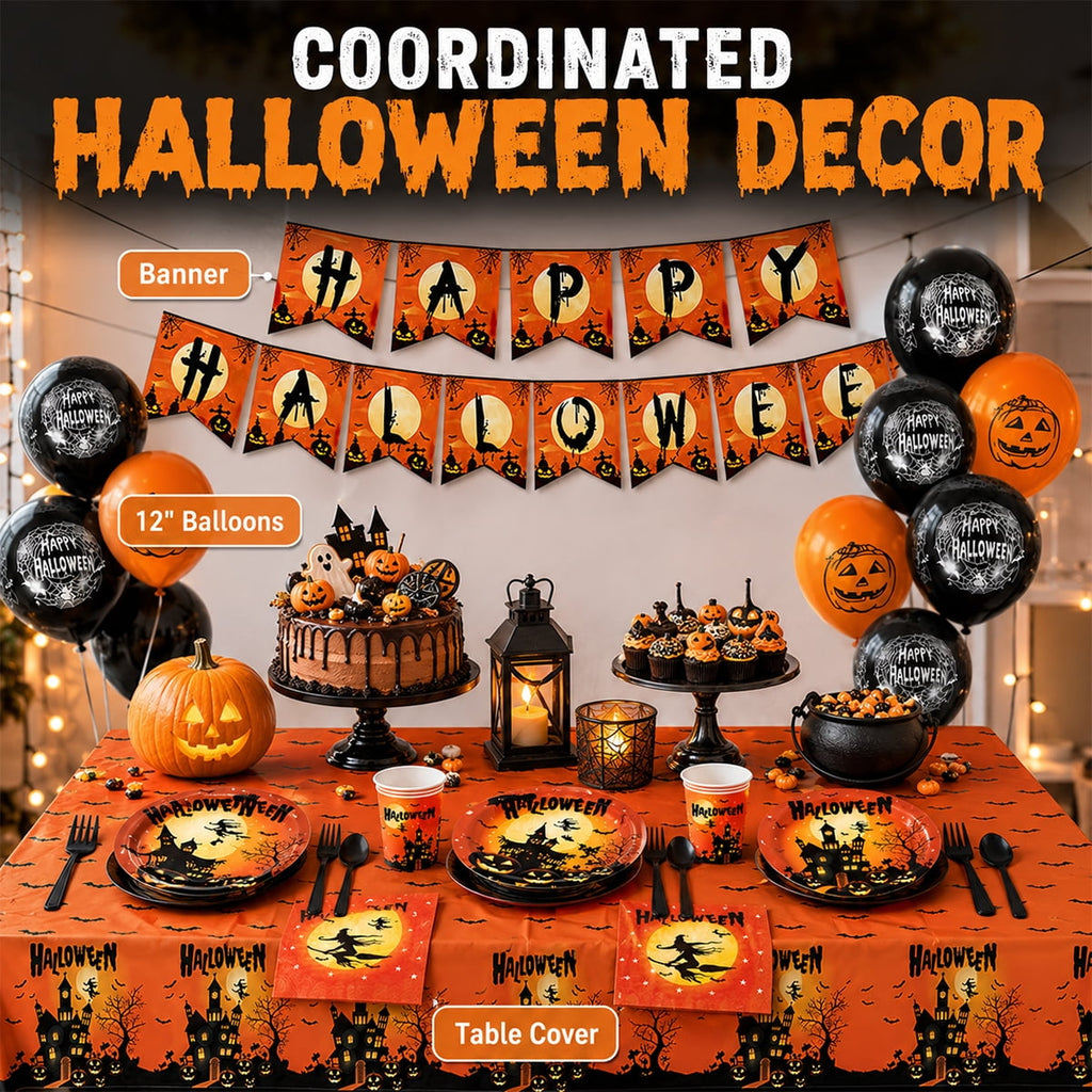 Halloween Paper Plates for Halloween Party Decoration Disposable Cups Napkins Table Cover Balloons Banner for Halloween Birthday Party Supplies Serve 20 Design2