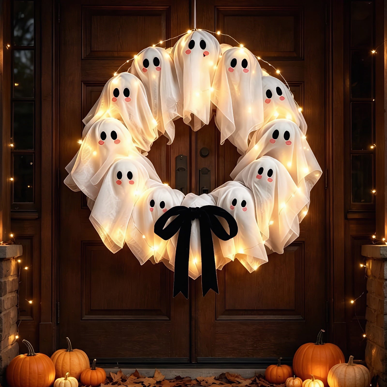 Halloween Glowing Ghost Wreath, Light-up Spooky Wreath with 12 Ghost Decor, RC, 6H Timer, Ideal for Halloween Party (A 12x3inch)