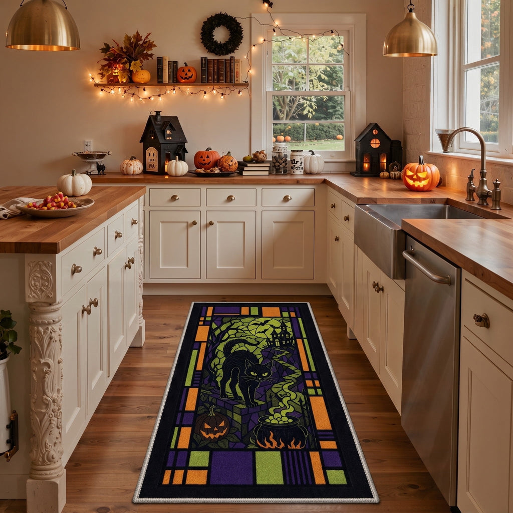 GENIMO 2'x7' Halloween Runner Rug, Washable Non Slip Soft Gothic Raven Indoor Outdoor Hallway Runner for Porch Patio Kitchen Entryway, Rust Orange