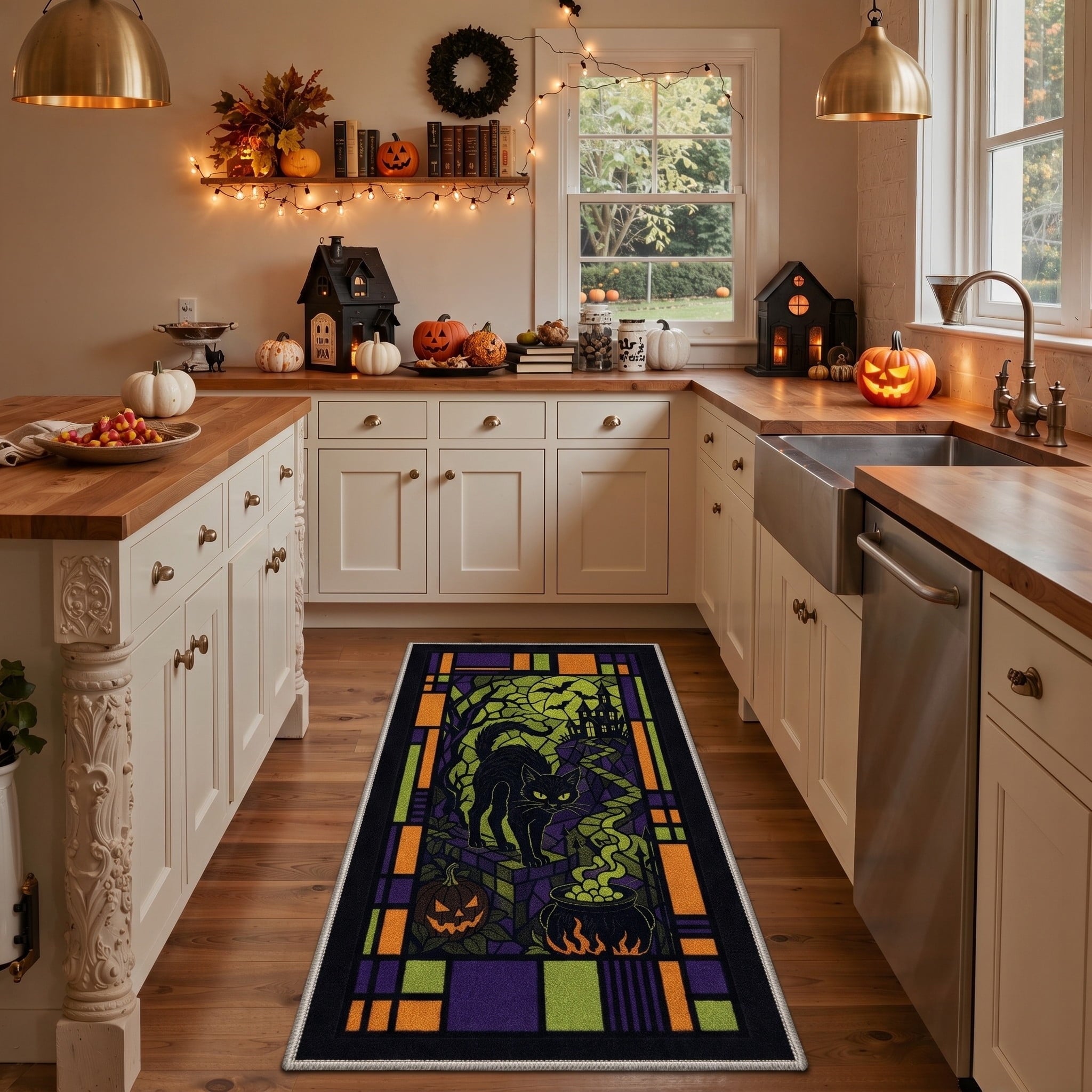 GENIMO 2'x7' Halloween Runner Rug, Washable Non Slip Soft Gothic Raven Indoor Outdoor Hallway Runner for Porch Patio Kitchen Entryway, Rust Orange