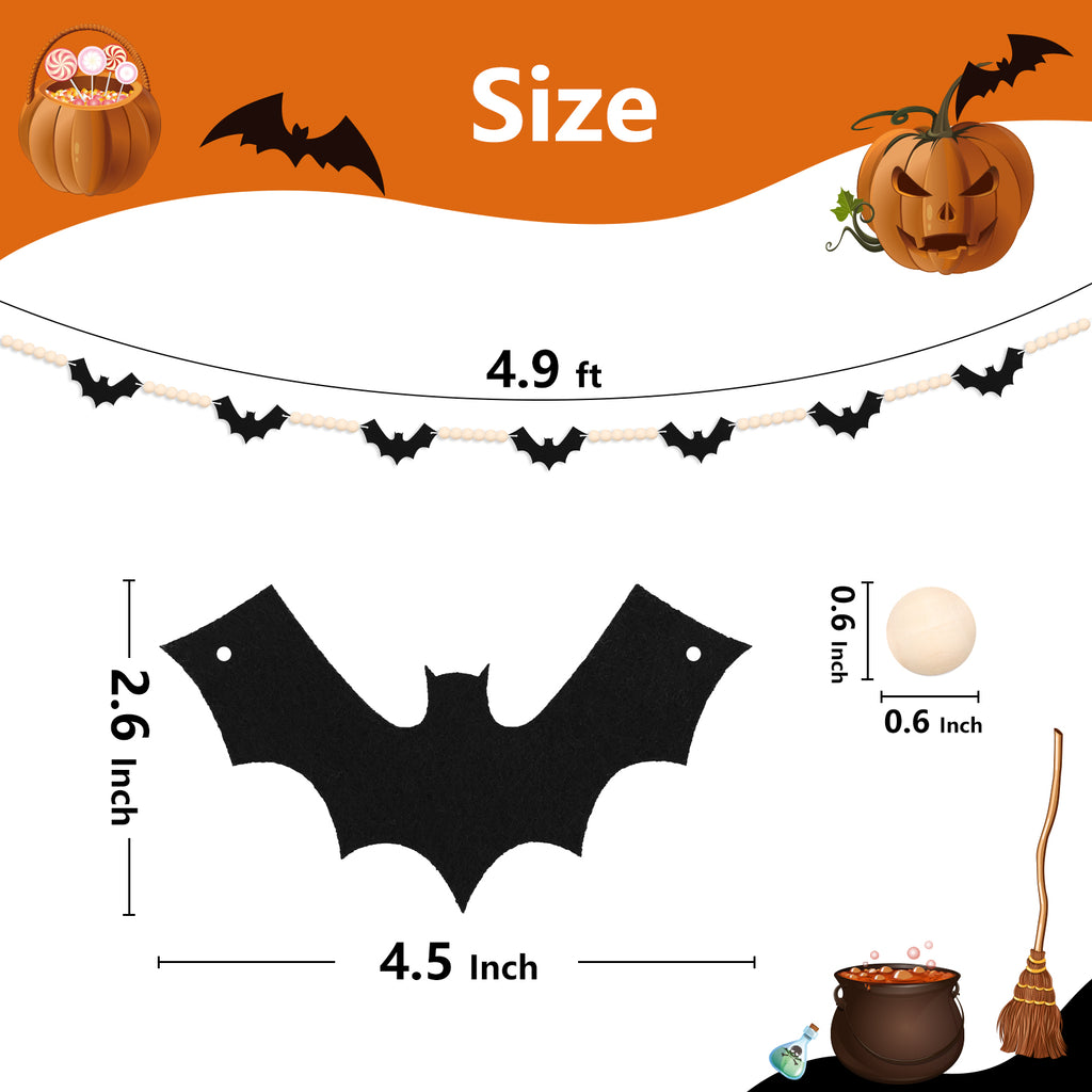 YIBAGA Halloween Garland Banner 4.67Ft Wool Felt Bats Bead Decoration Indoor Decor Party Supplies