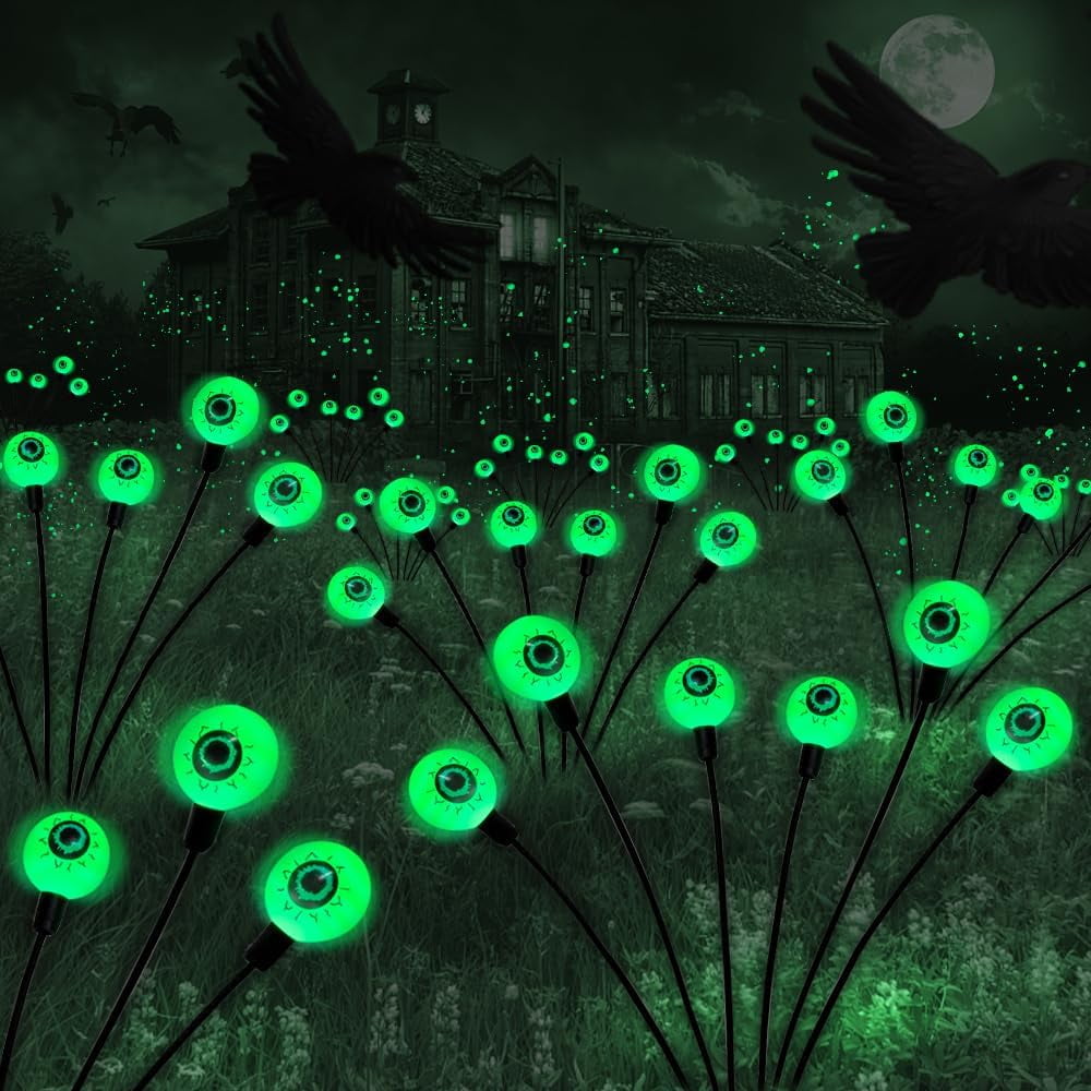 Halloween Decoration Outdoor Solar Horror Eyeball Lights, 2 Pack 12 LED Green Eyeball Swinging Firefly Lights, Waterproof Solar Halloween Street Lights Suitable for Courtyard/Garden/Lawn/Party Decora