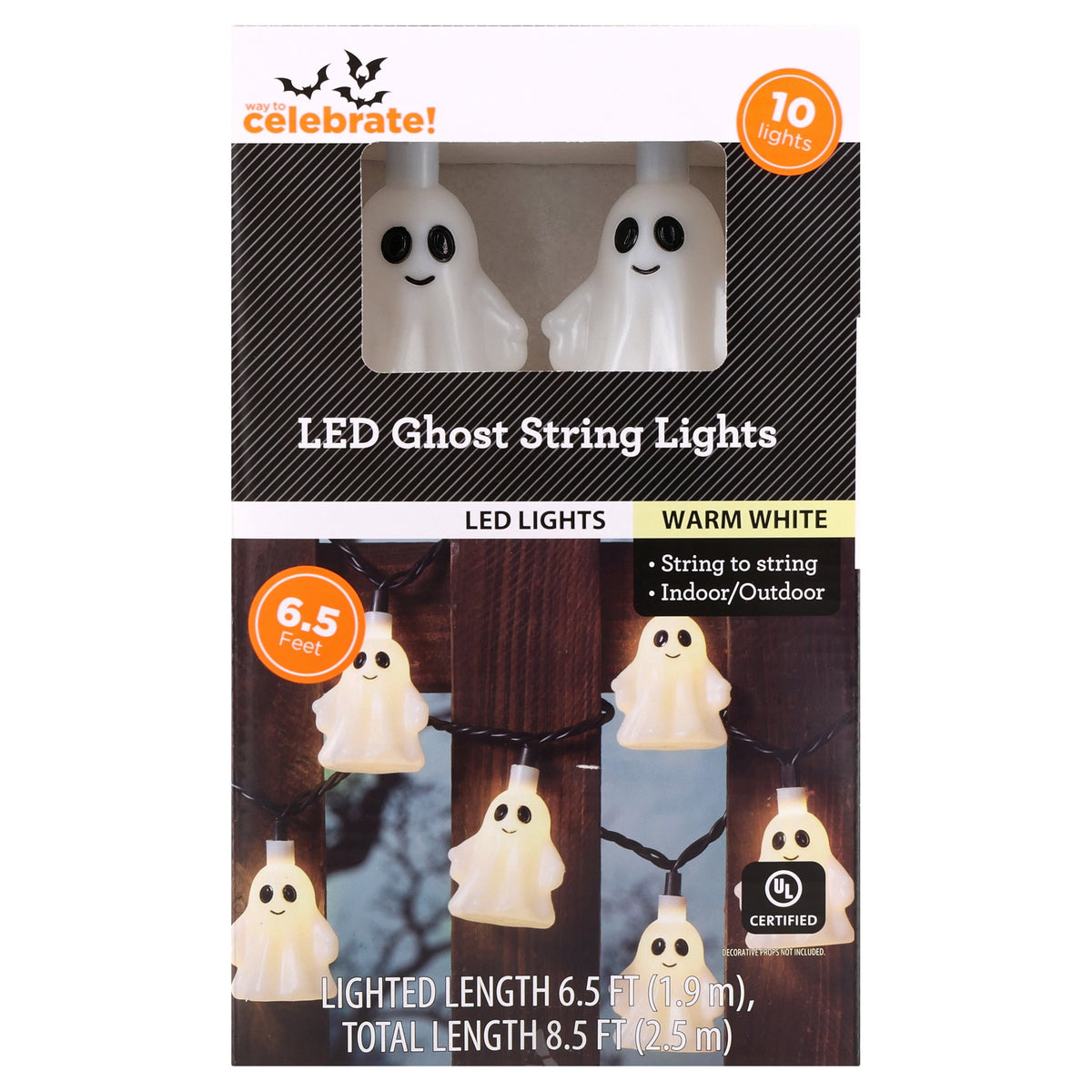 Indoor/Outdoor 10-Count LED Ghost String Lights, Warm White, 6.5', Halloween by Way To Celebrate
