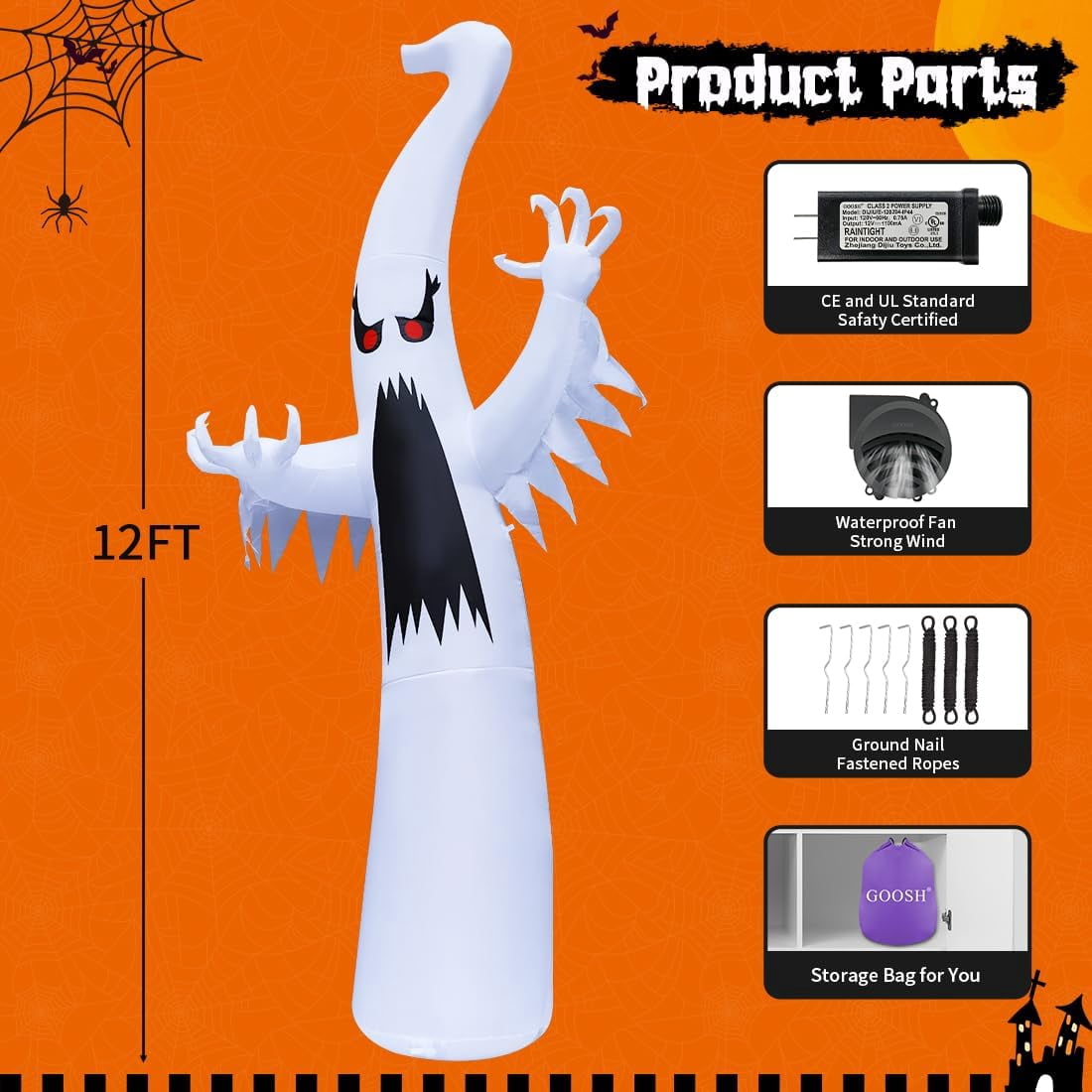 GOOSH 6 FT Height Halloween Inflatable Outdoor Colorful Dimming Ghost, Blow Up Yard Decoration Clearance with LED Lights Built-in for Holiday/Party/Yard/Garden
