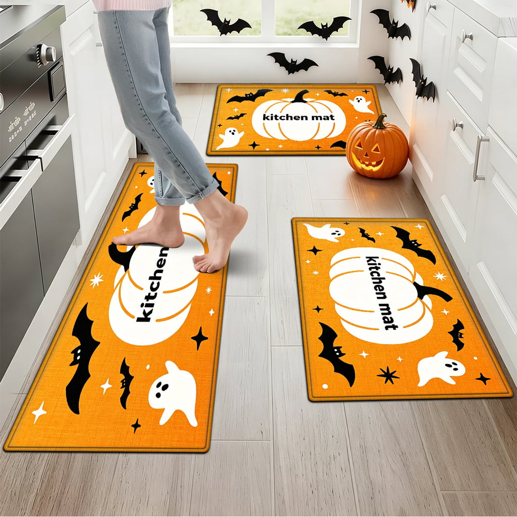 YIMEIS Halloween White Pumpkin Multi-purpose 3-Piece Flannel Mat and Kitchen Rugs,Soft Non-slip for Home Bedroom Bathroom