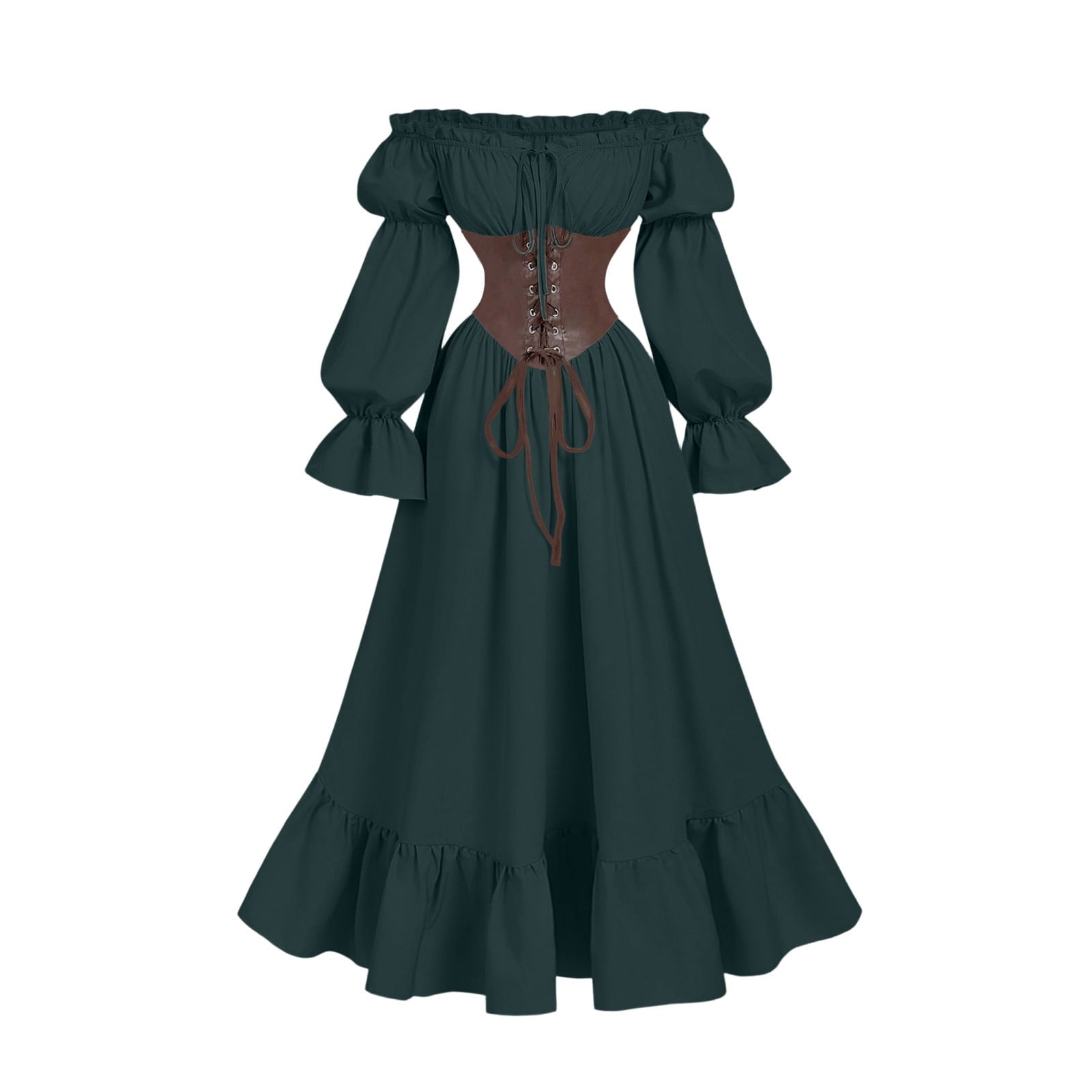 QATAINLAV Renaissance Costume Women Vintage Medieval Dress Cold Shoulder Short Sleeve Peasant Pirate Irish Maxi Dresses, Black, L
