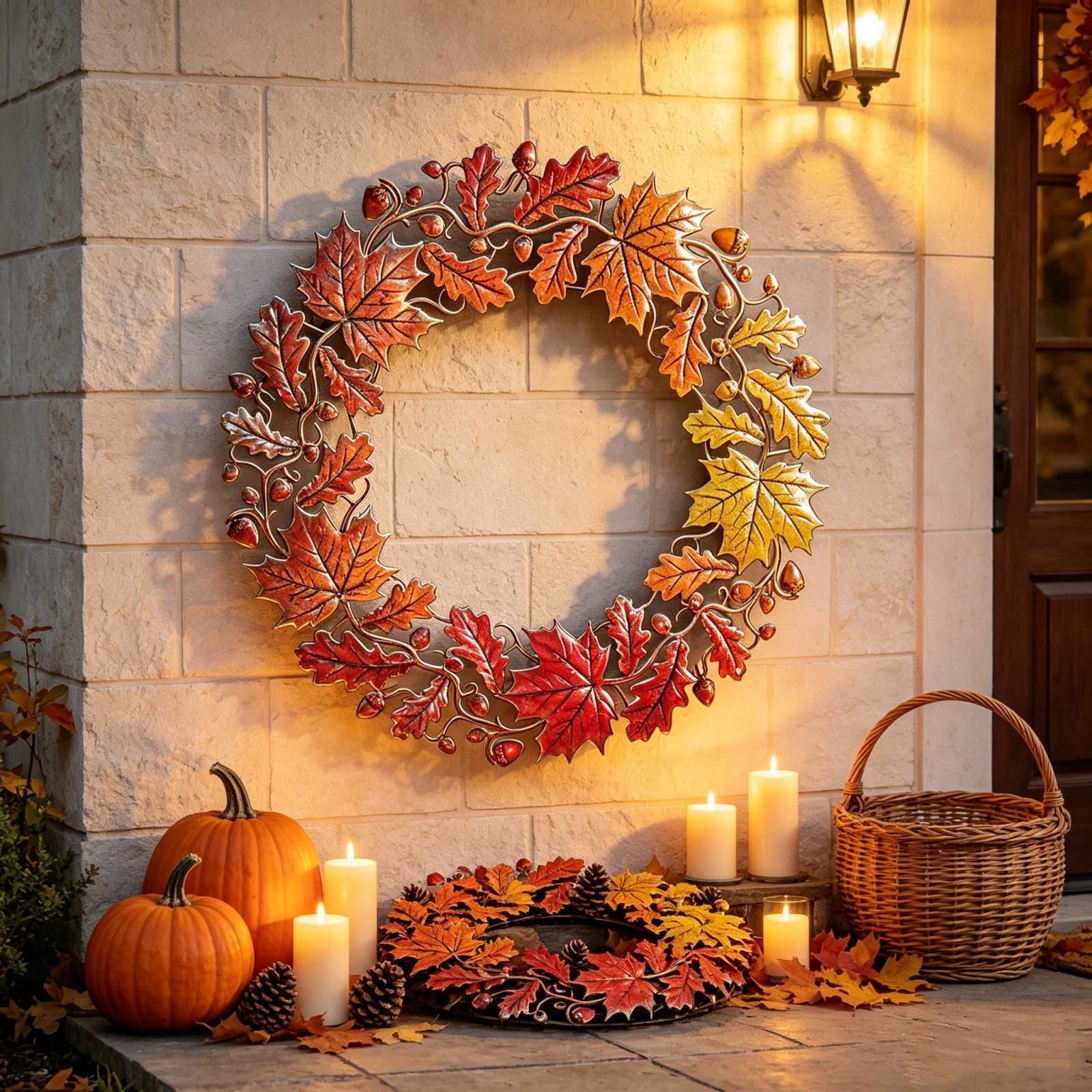 HOARBOEG Handmade Wrought Iron Maple Leaf Wreath, Thanksgiving Rudolph Fall Harvest Door Hanging, Orange Metal Autumn Wreath with Berries, Garden Wall Decor, 15.75 in