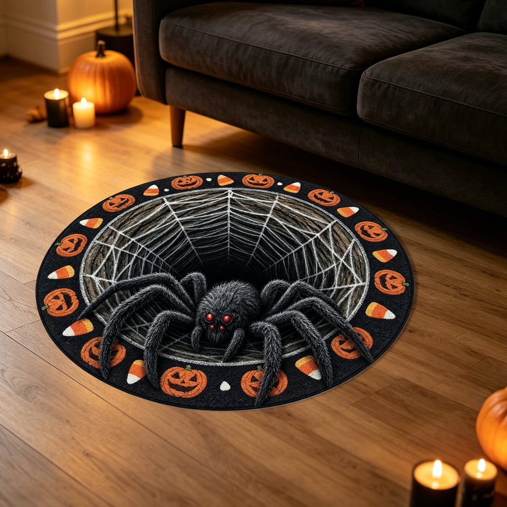3D Optical Illusion Halloween Round Doormat,Vortex Tunnel Optical Illusion Printing Design,Giant Furry Red-Eyed Black Spider and White Spider Web,24"