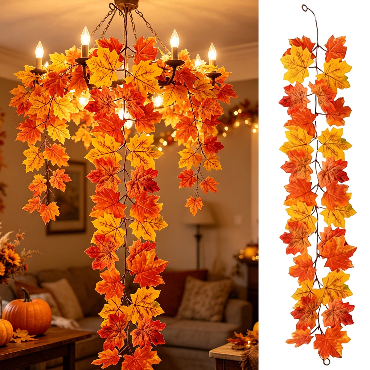 WKSCLPAI Halloween Maple Leaf Garland, Fall Vine Wreaths for Autumn Festivities Decor,Seasonal Garlands for Home,Halloween & Fall Decorations